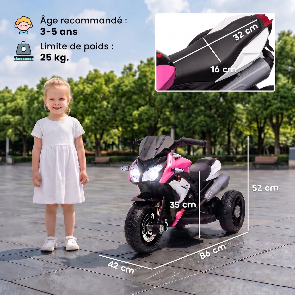 Moto électrique à conducteur assis PP Rose rose et noir, HOMCOM