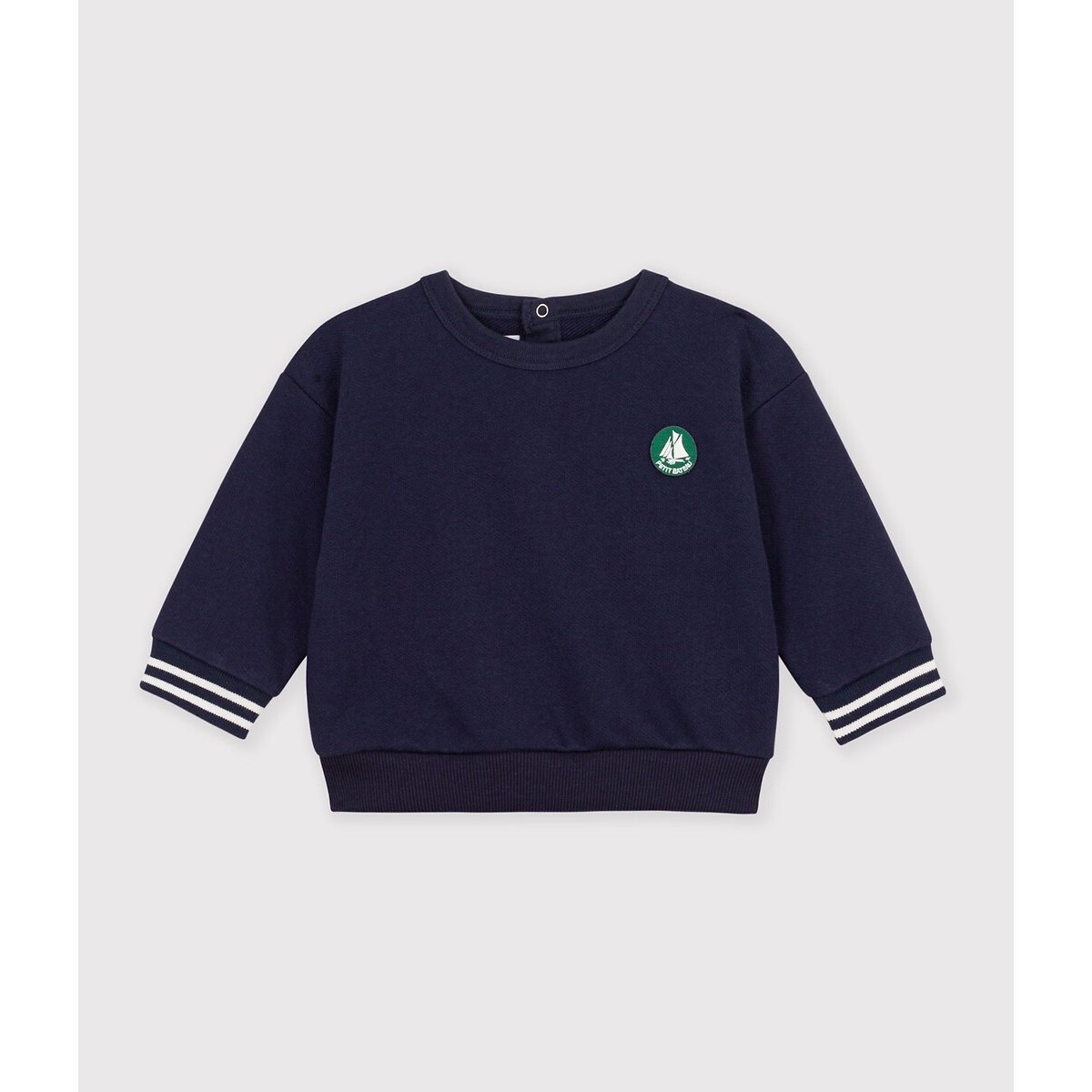 Sweat col rond en coton, badge brodé poitrine bleu marine, PETIT BATEAU