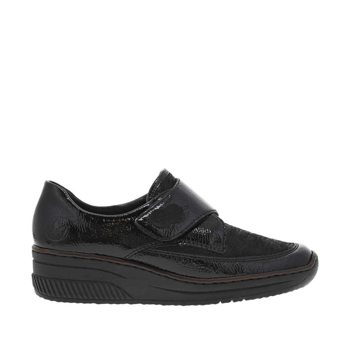 Sneakers noires vernies à talon compensé bas et à bande auto-agrippante noires vernies, RIEKER