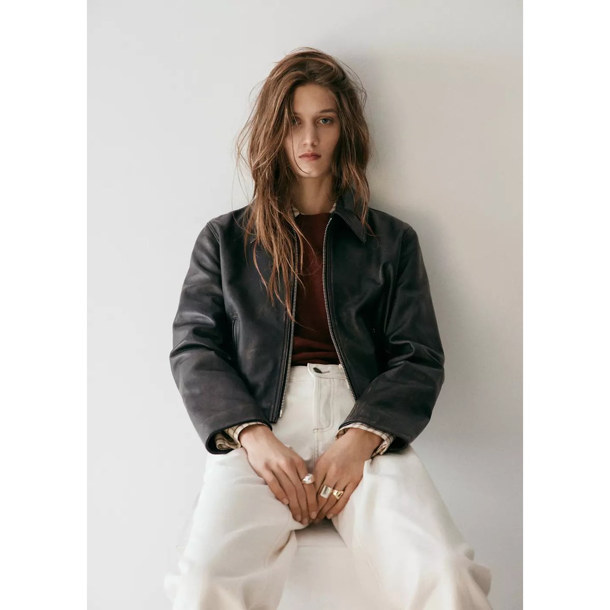 Veste cuir revers marron, MANGO