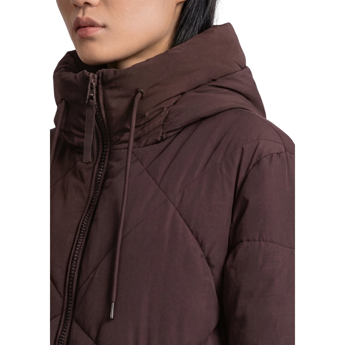 Veste matelassée longue à capuche, coupe décontractée en polyester recyclé marron foncé, MARC O’POLO DENIM
