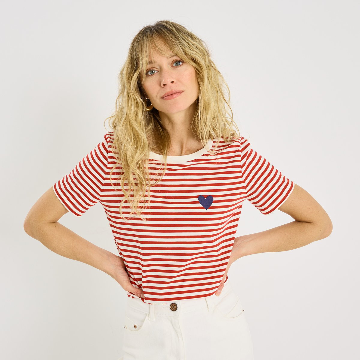 T-shirt rayé cœur brodé orange rouge, GRAIN DE MALICE