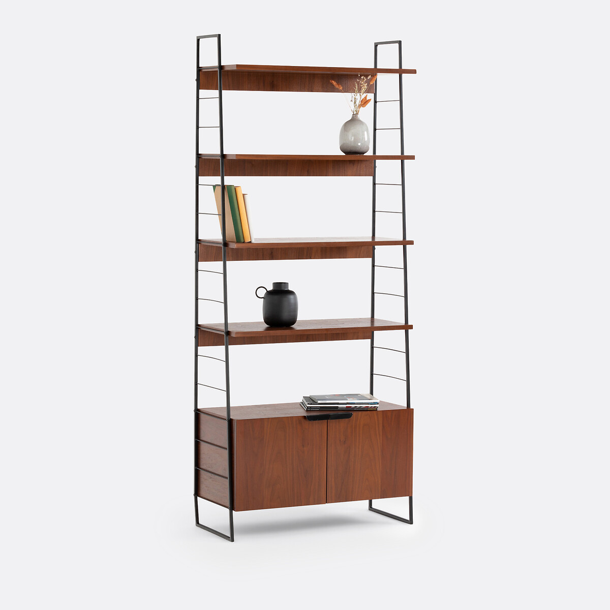 Bibliothèque vintage, en plaqué noyer et métal acier, hauteur 190 cm, WATFORD noir/teinté noyer, LA REDOUTE INTERIEURS
