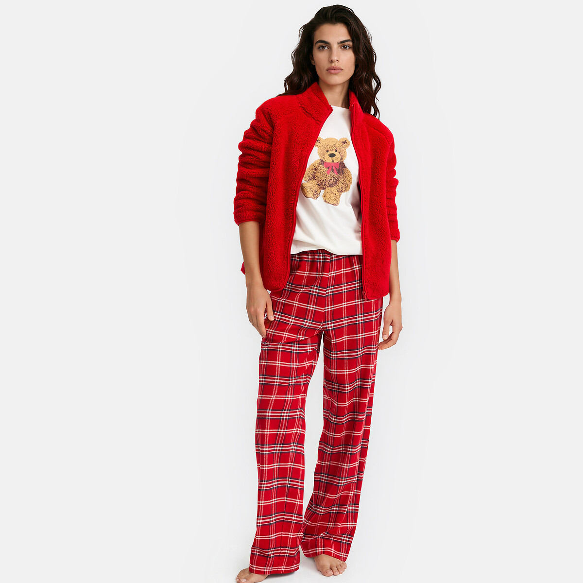 3-delige pyjama met jasje, T-shirt met lange mouwen en geruite broek bedrukt, SO'HOME