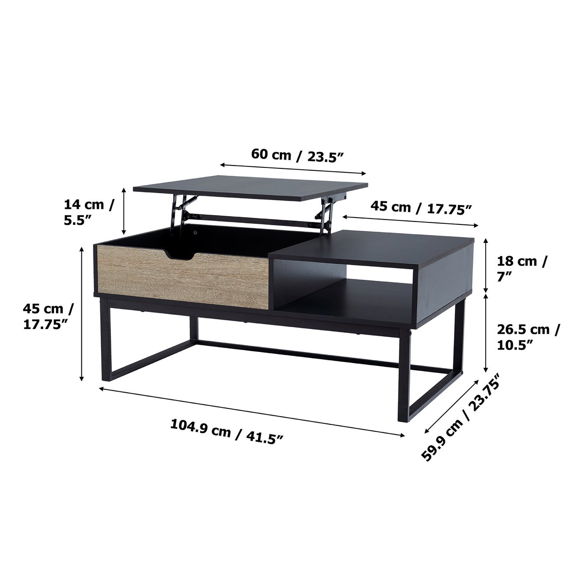 Table basse bicolore avec plateau relevable et rangement ouvert, Noir, BRYSON couleur unique, TEAMSON HOME