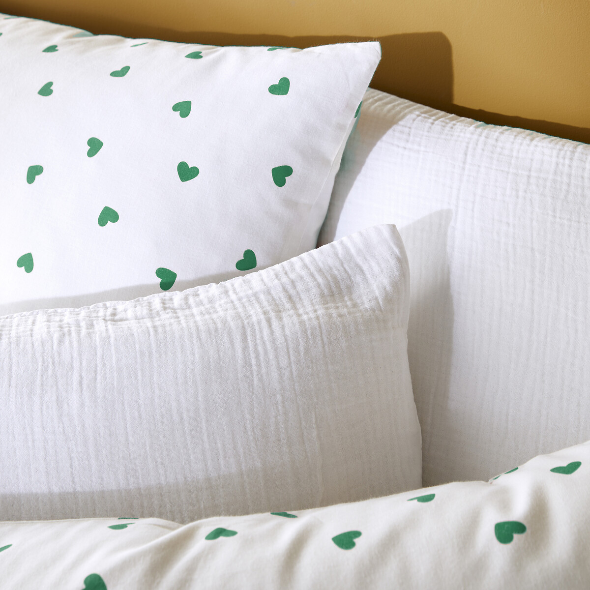Bedset 50% gerecycled katoen, rechthoekig kussensloop.Groen, Scacco hartenprint, LA REDOUTE INTERIEURS