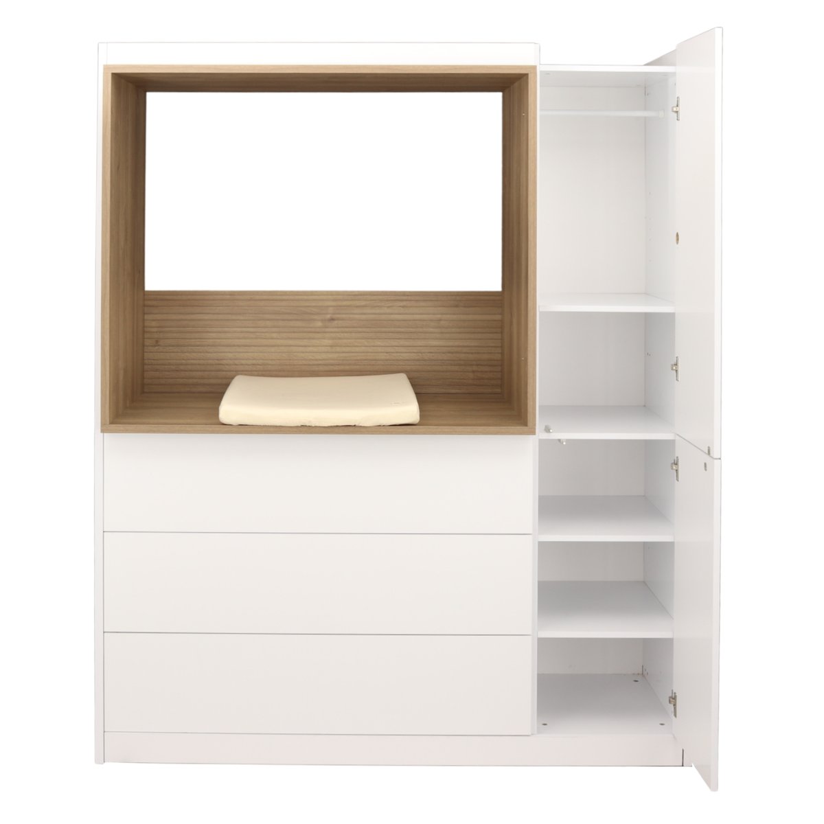 Combiné commode à langer 3 tiroirs, 1 colonne et niche décor chêne mokka blanc, SAUTHON
