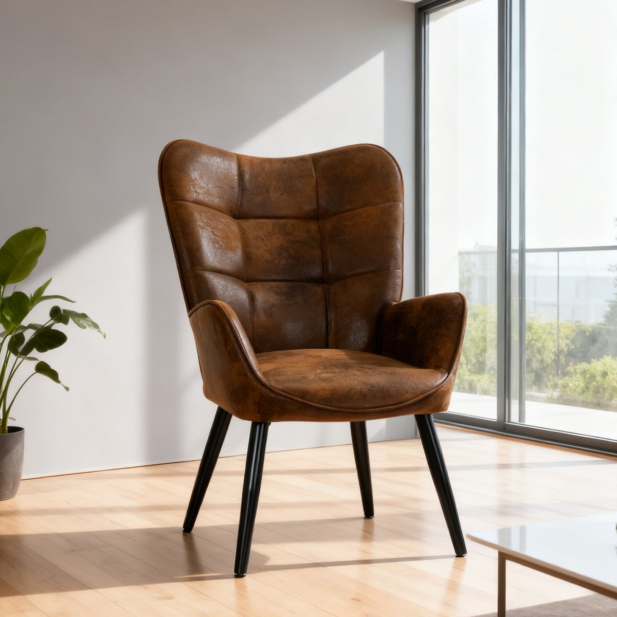 Fauteuil confortable bas style rétro vintage dossier moyen assise confortable pieds métal, KANAS marron, MEUBLES COSY