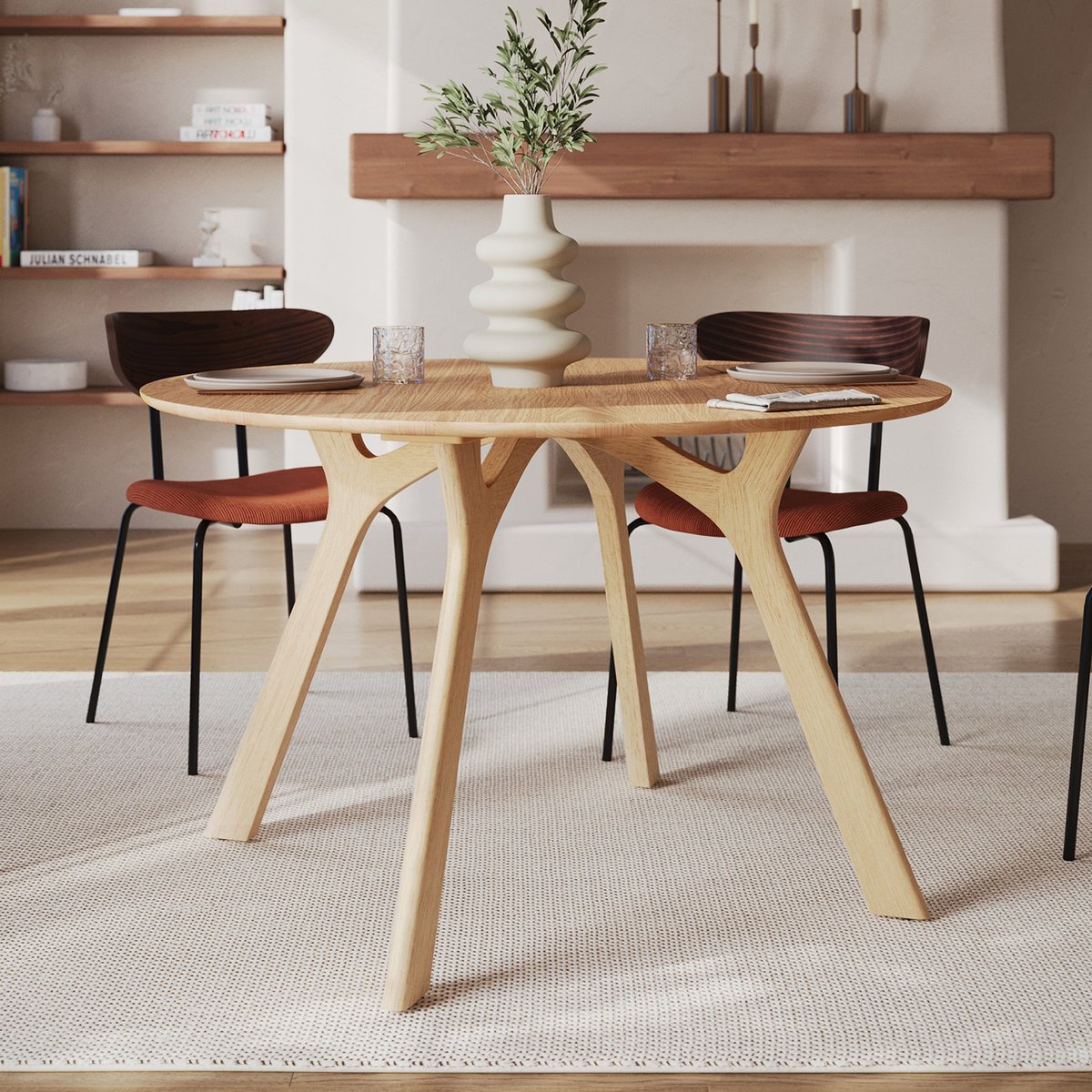 Table ronde 4 personnes en bois d'hévéa massif et placage en chêne D120 cm - IZZI marron clair, MAISON PAVANE