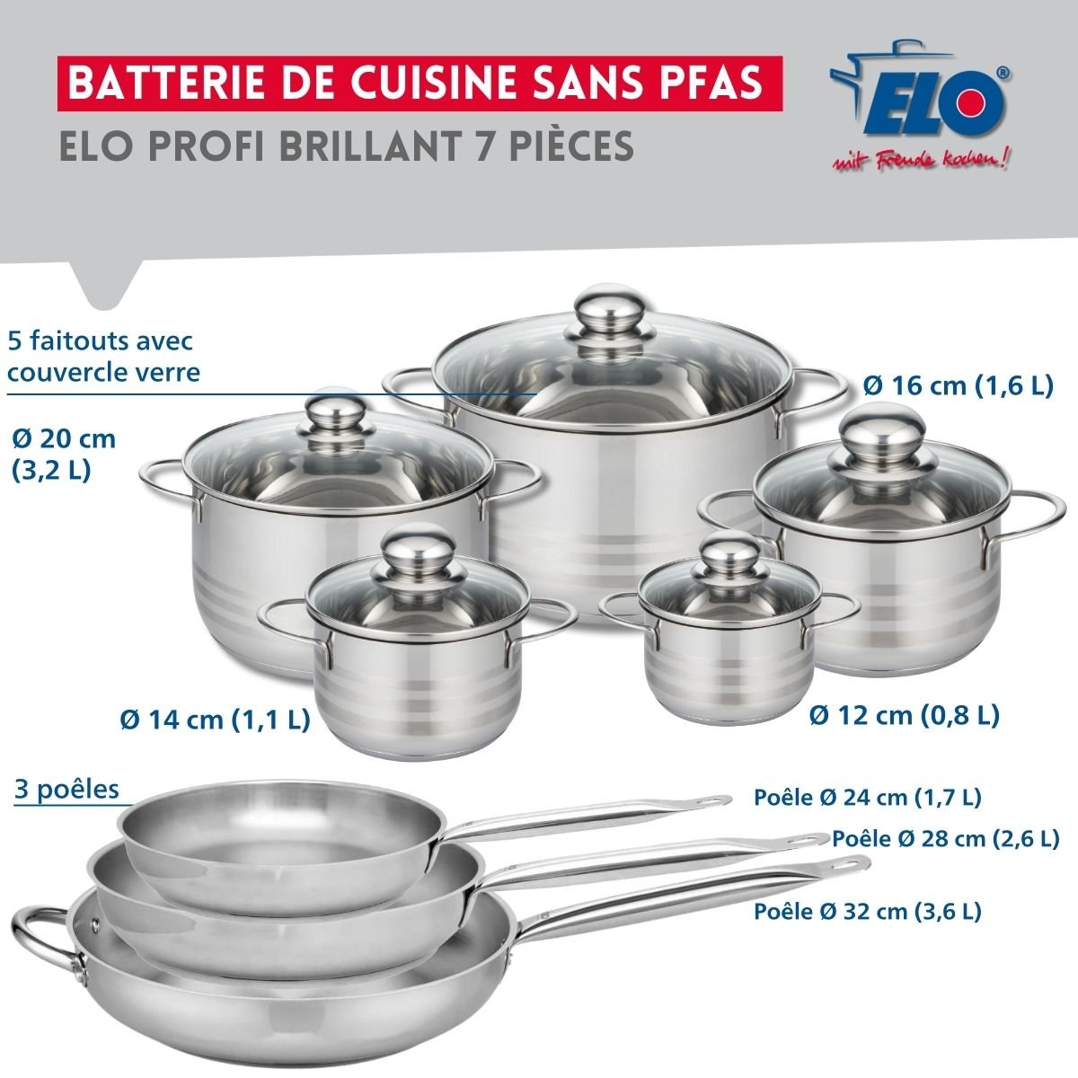 3 poêles 24/28/32cm + 5 faitouts 12/14/16/20/24cm PROFI BRILLANT gris, ELO