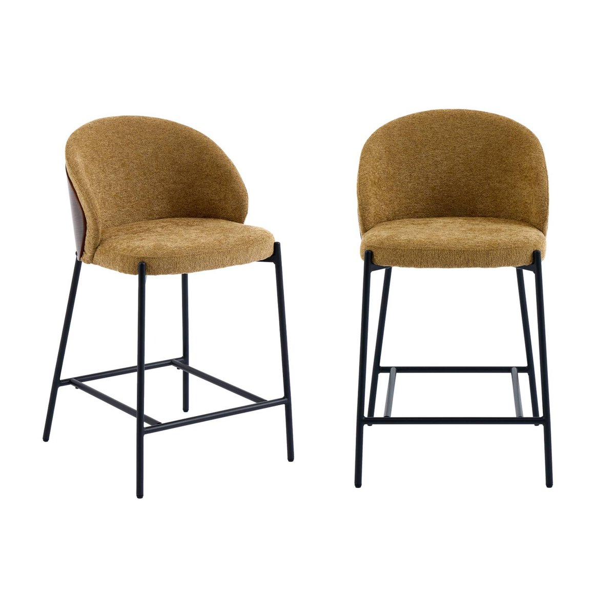 Tabouret de bar bois de peuplier teinté noyer, acier et tissu texturé (lot de 2) PAUL moutarde, SWEEEK