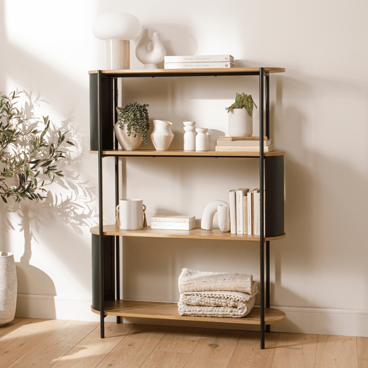 Etagère 4 niveaux décor bois avec flancs en métal noir H134 cm - EKLO bois clair, CALICOSY