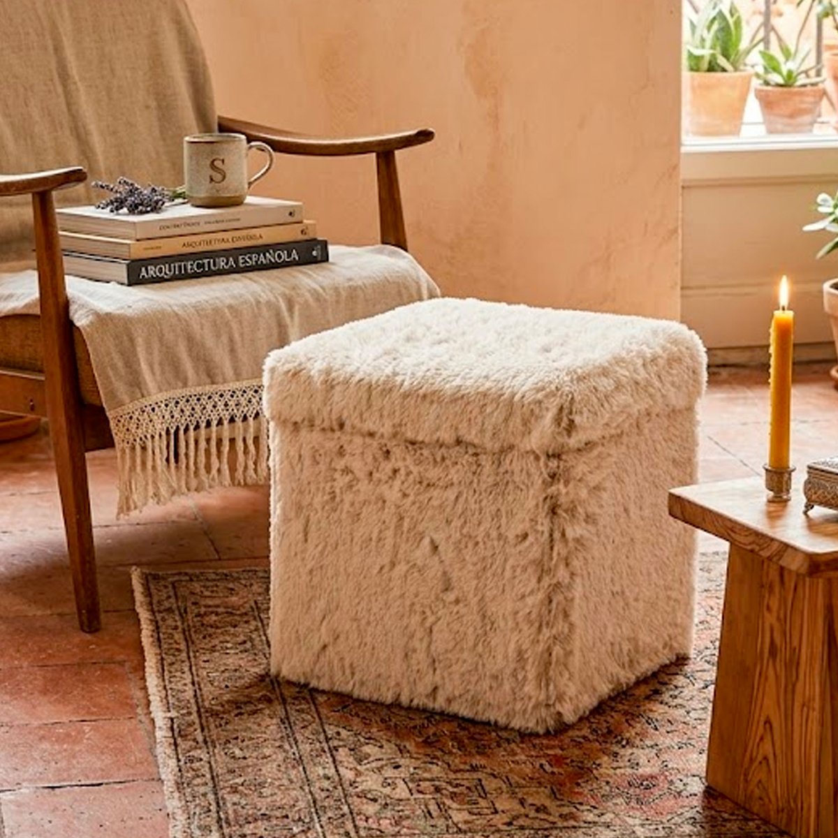 Pouf coffre de rangement moumoute beige 38x38x38cm beige, WADIGA