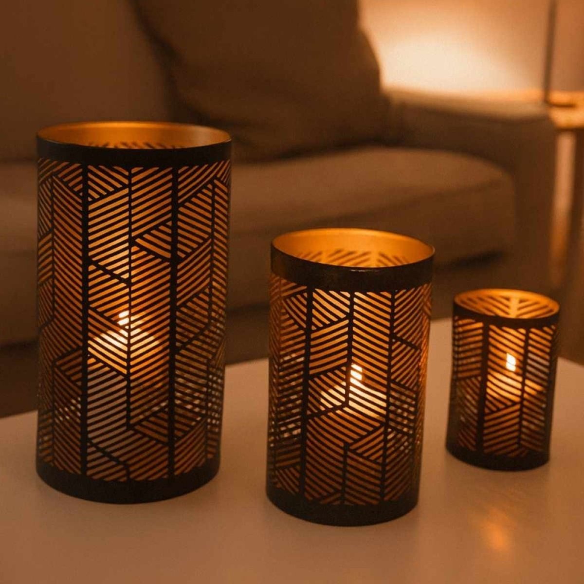 Set de 3 lanternes découpe ajourée géométrique noir & or noir, ORNAMI