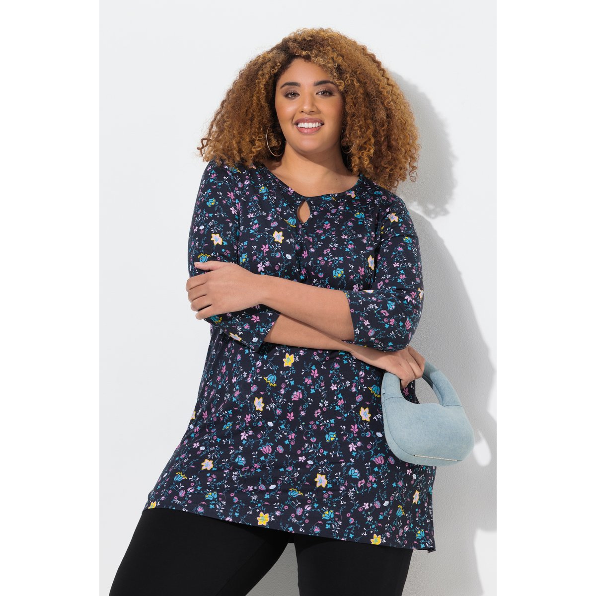 T-shirt long à fleurs noir, ULLA POPKEN