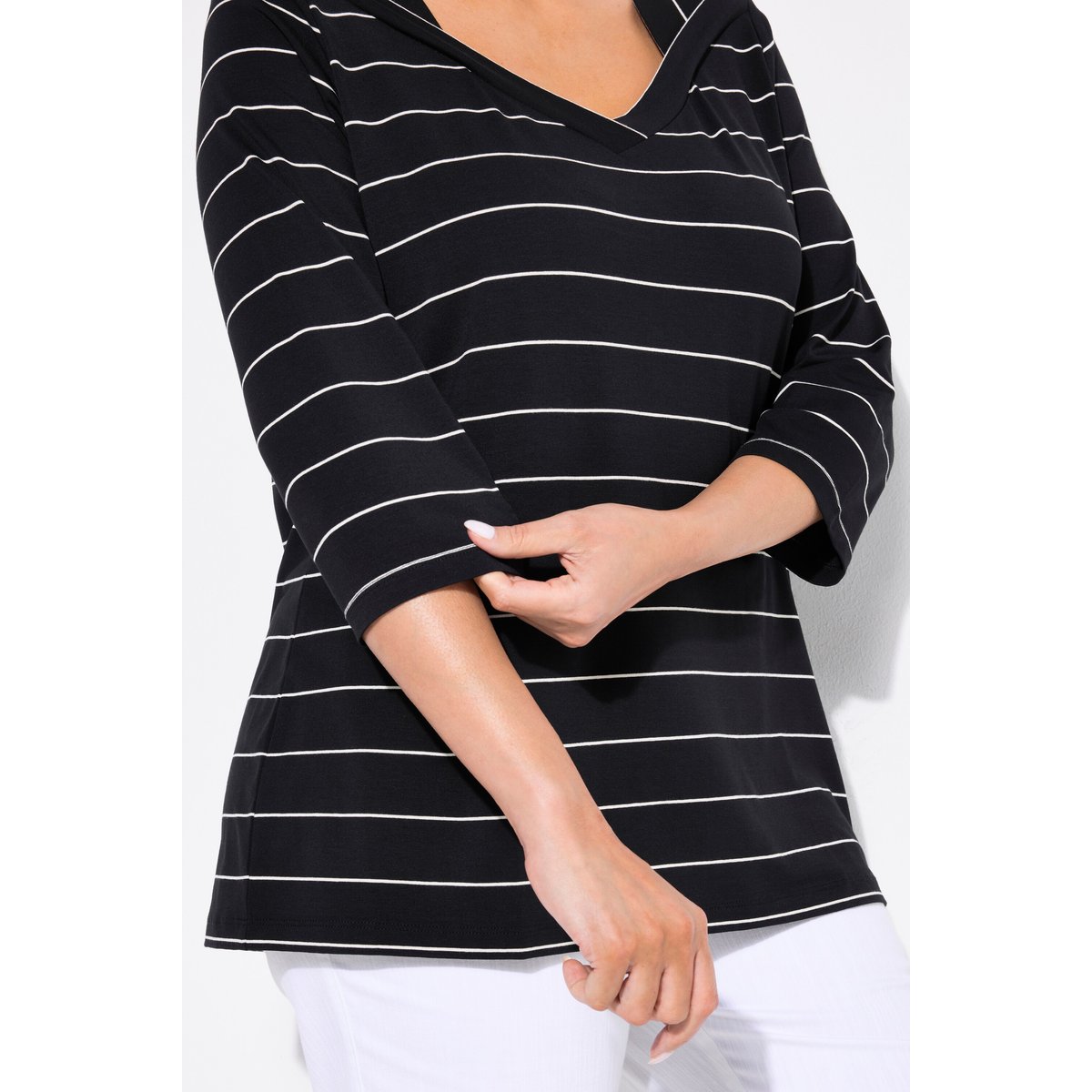 T-shirt rayé. Coupe Classic. Manches 3/4 noir, ULLA POPKEN