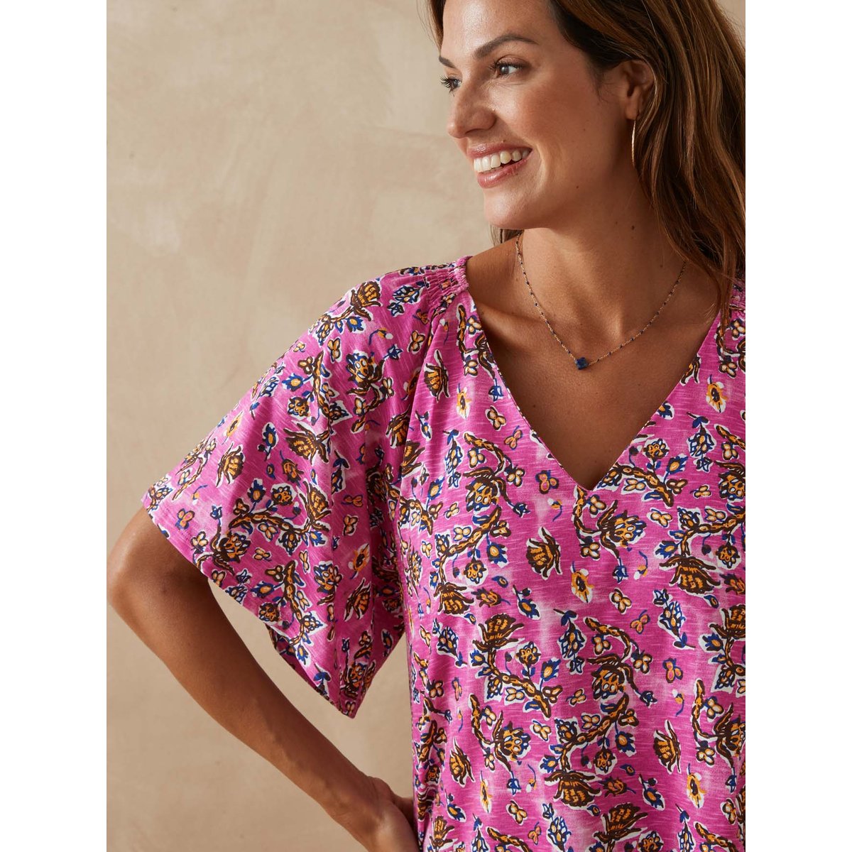 Tee-shirt V avec smocks imprimé framboise, DAXON