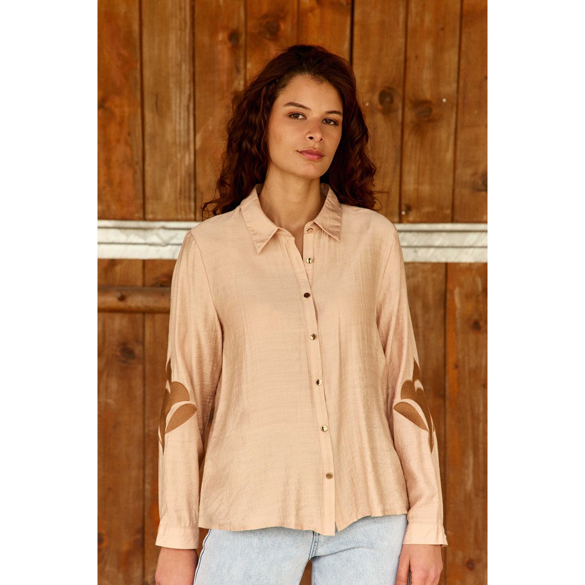 Chemisier manches longues col chemise imprimé broderie CLEMATITE 13-beige, LA PETITE ETOILE