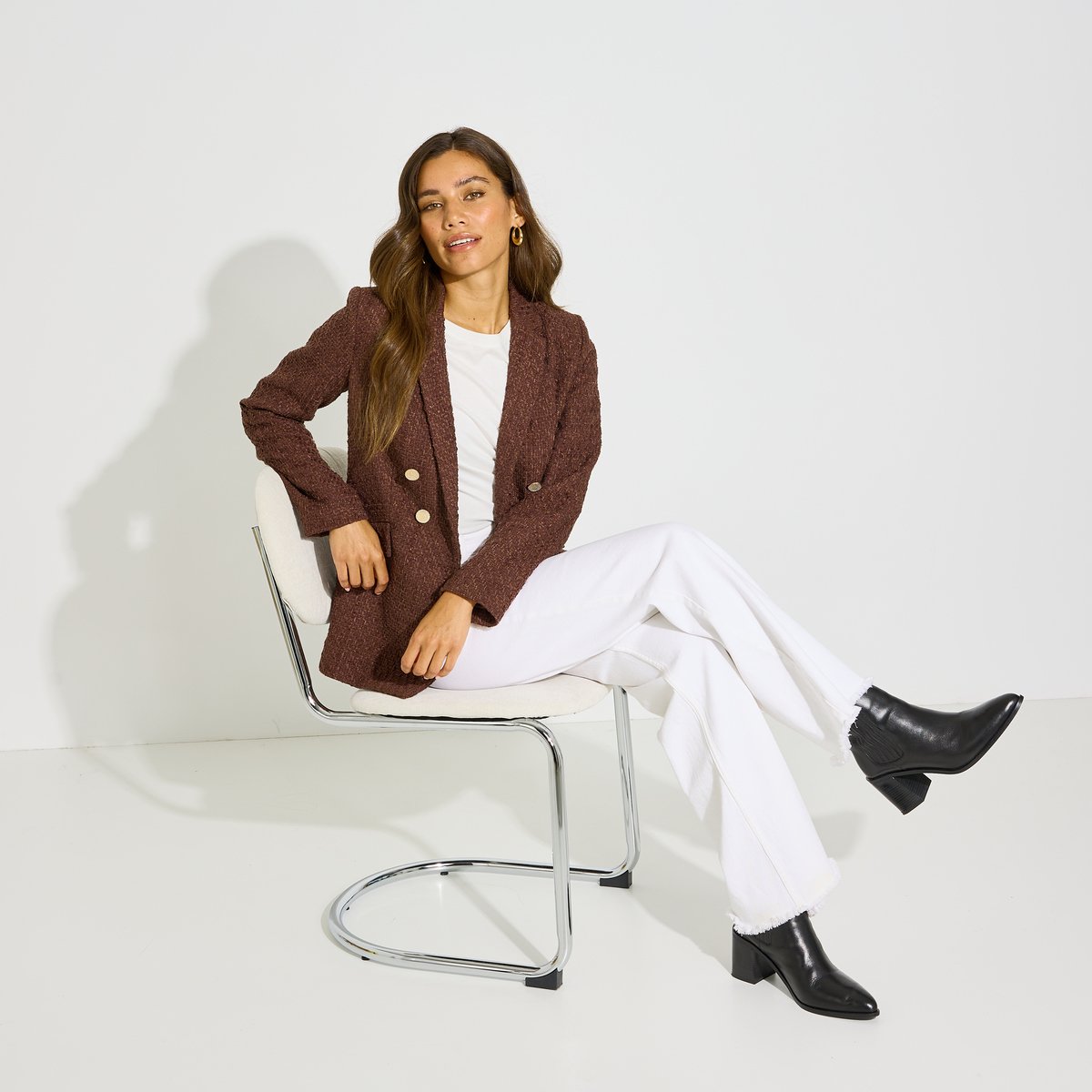 Veste blazer en tweed col tailleur marron, GRAIN DE MALICE