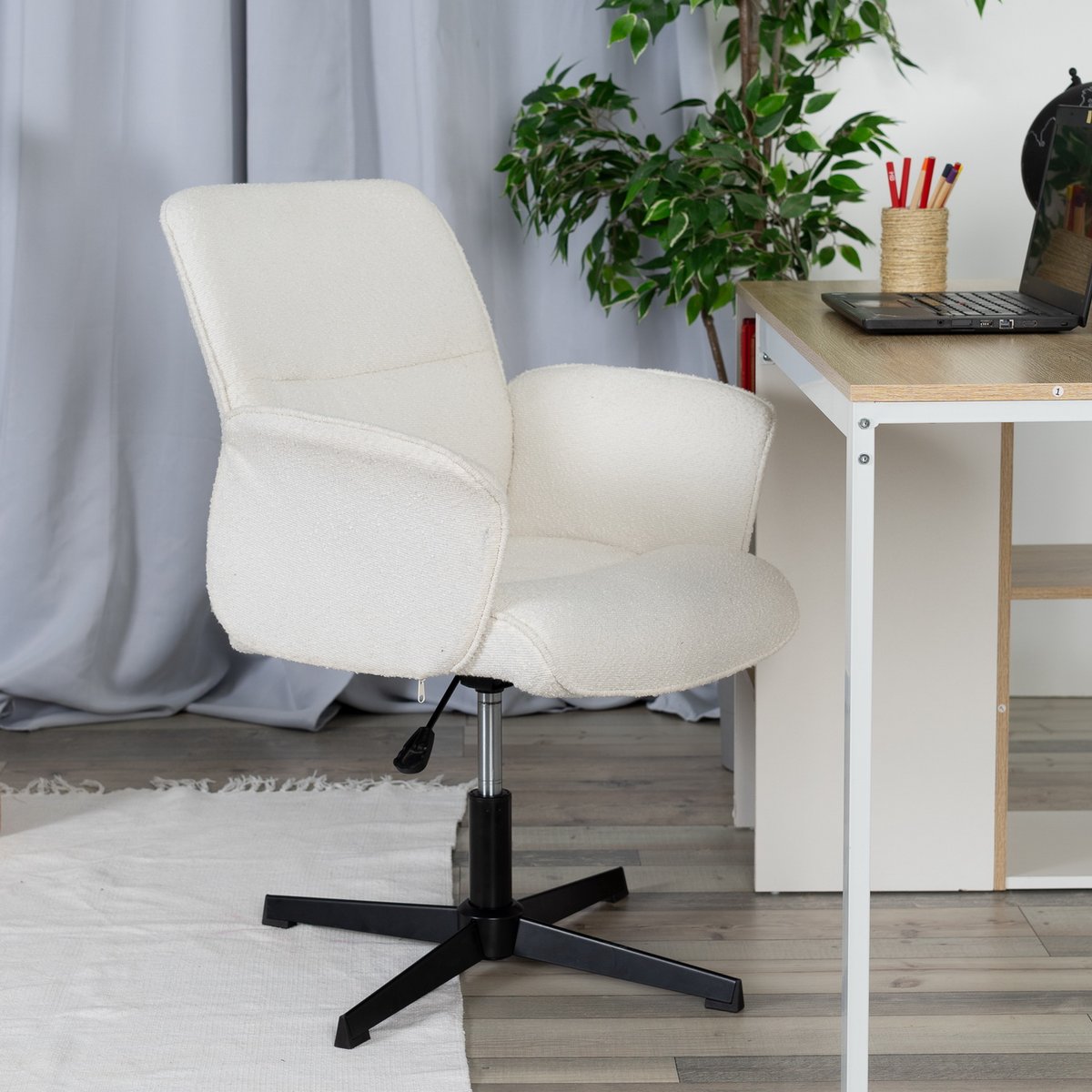 Chaise de bureau rotatif réglable en hauteur en bouclette, THOMASINAOFFICE crème, MEUBLES COSY