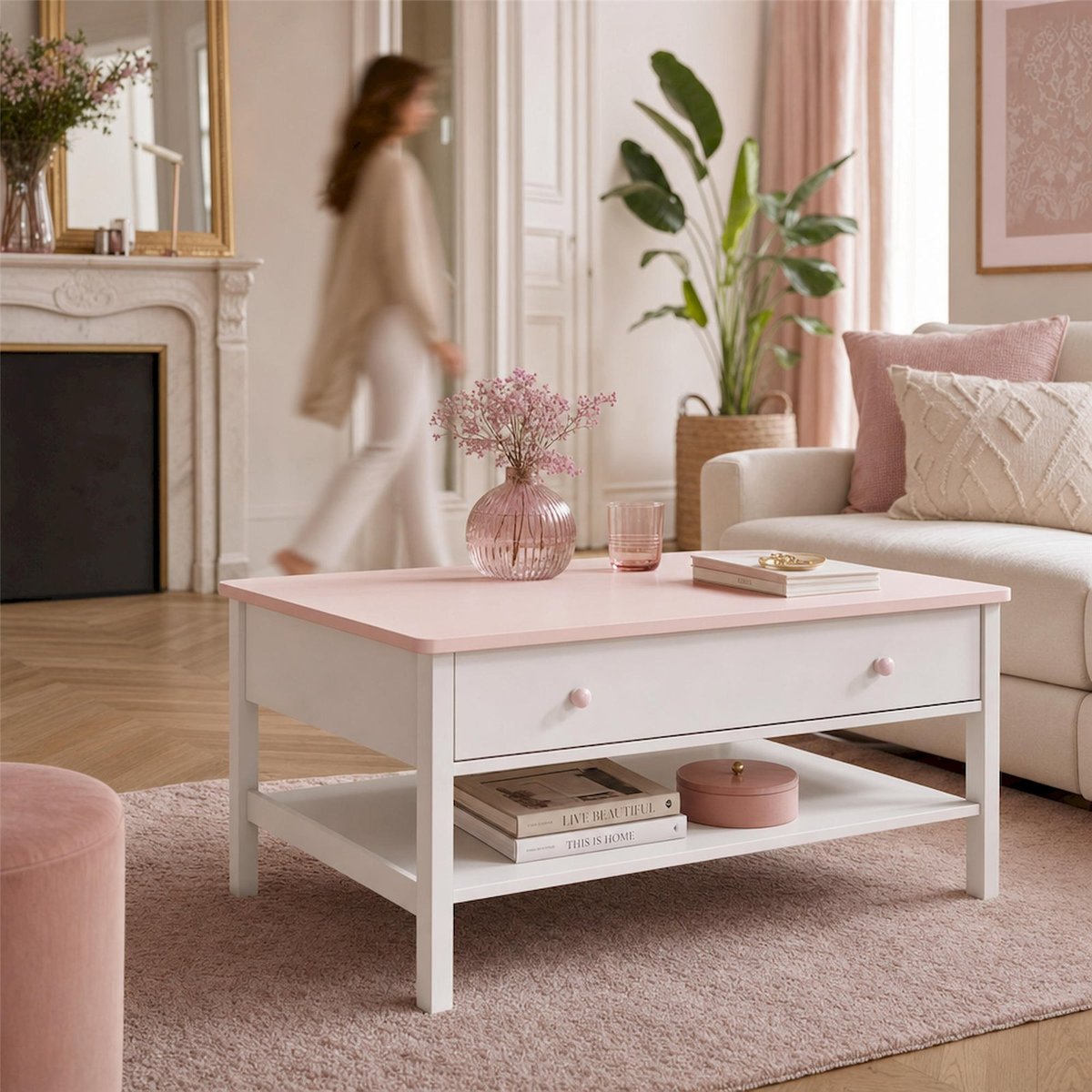 Table basse enfant collection LUNA à tiroir blanc alpin et rose pastel, RECOLLECTION