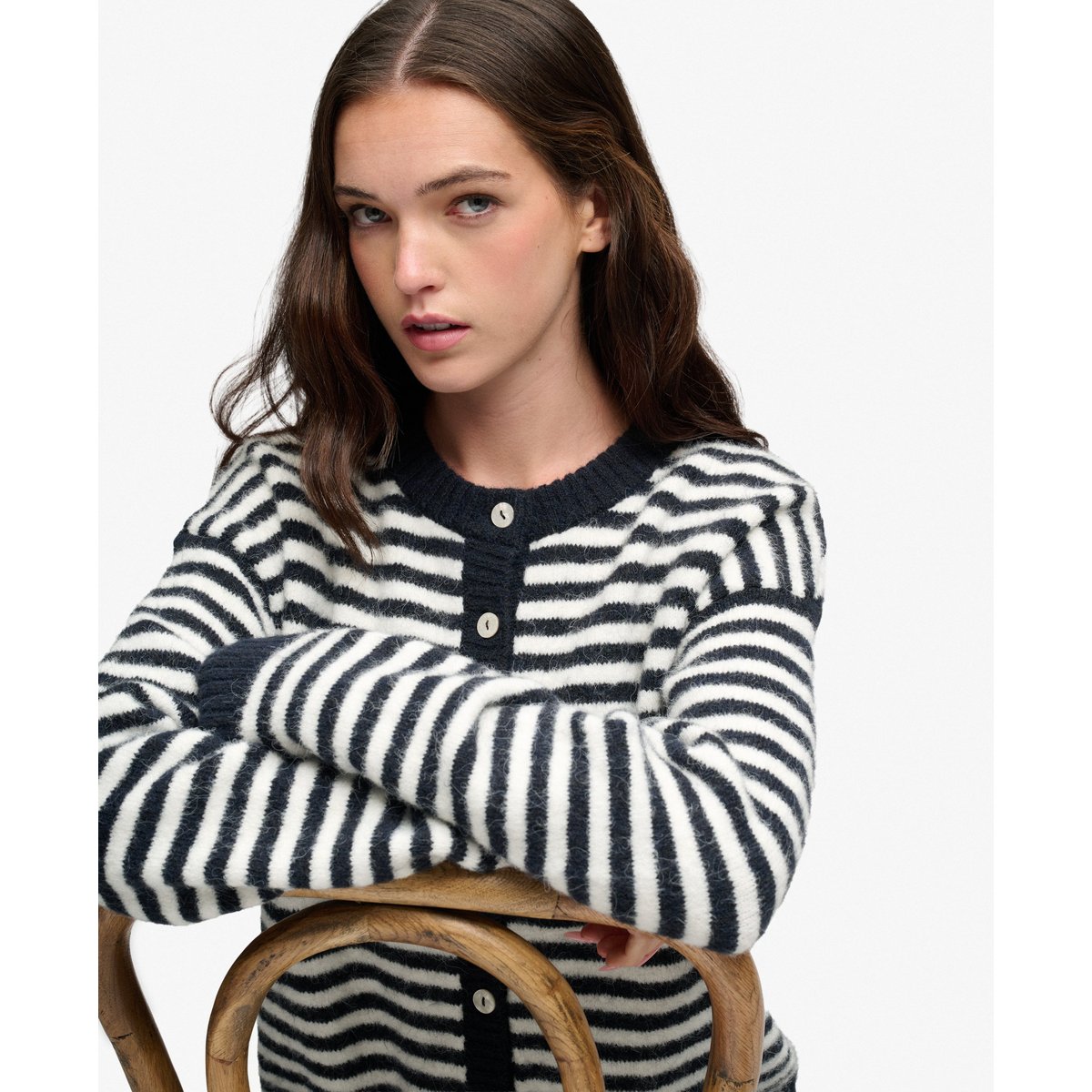 Cardigan Rayé en Maille Brossée Coupe Décontractée rayé bleu marine/blanc cassé, SUPERDRY