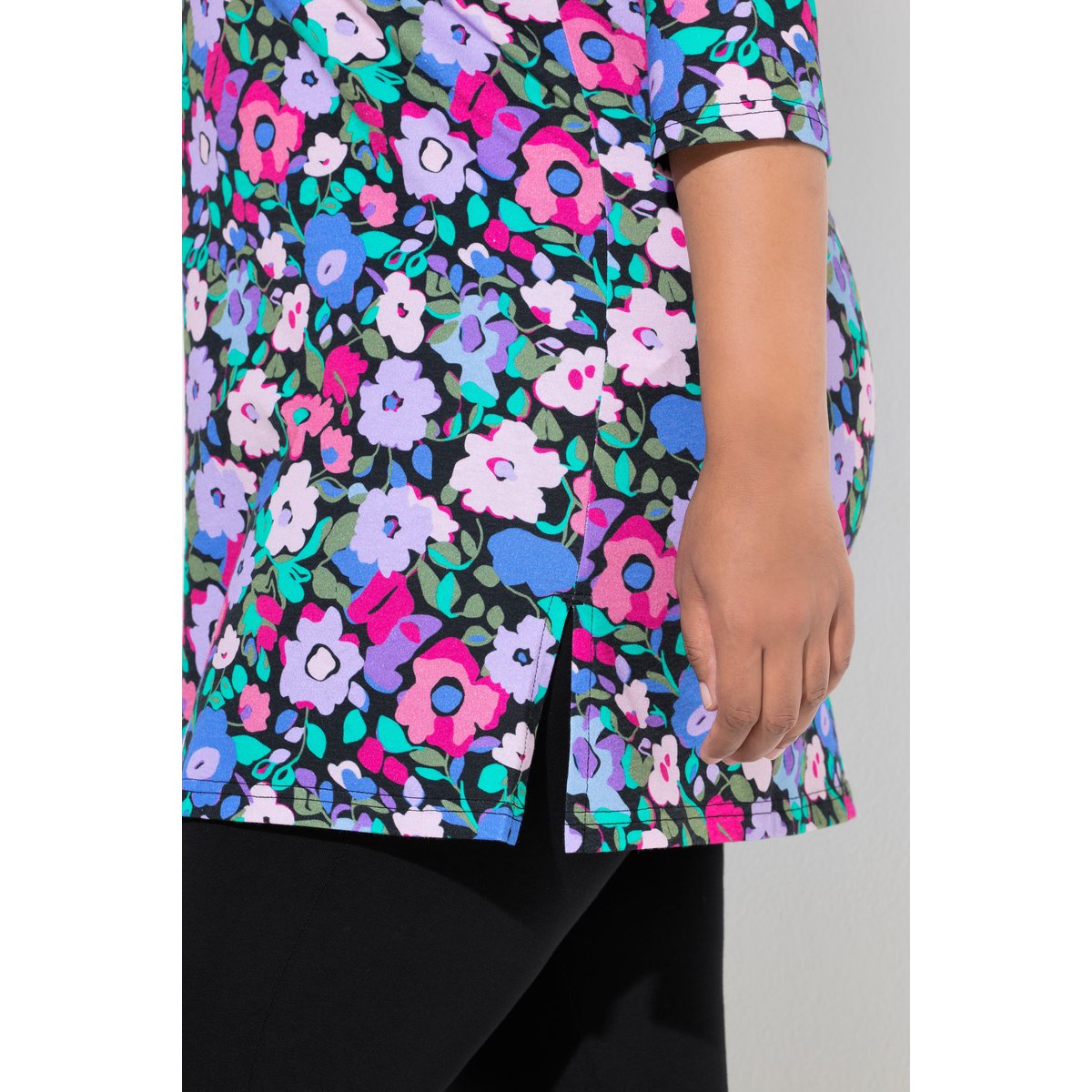 T-shirt long, col tunisien et manches 3/4 noir, ULLA POPKEN