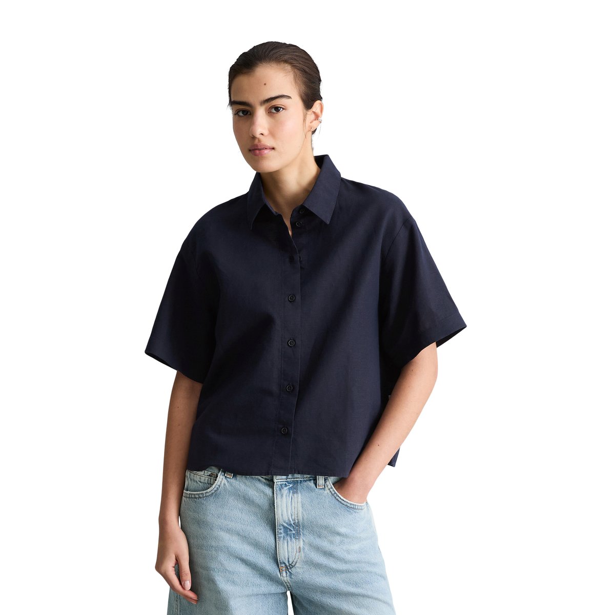 Blouse à manches courtes relaxed en mélange de lin et de coton bleu fooncé, MARC O’POLO DENIM