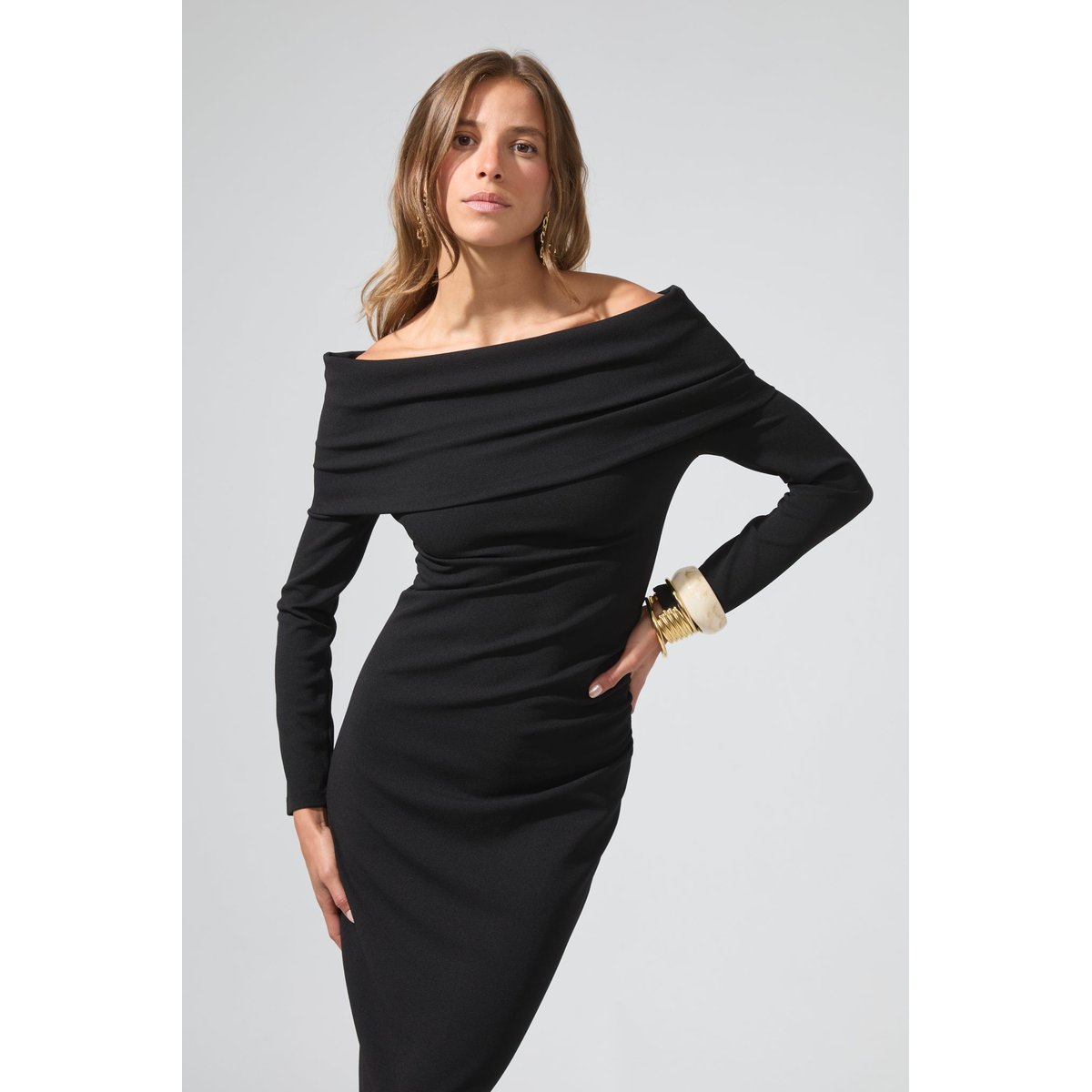 Robe longue encolure bardot ELIZABETH noir, BENOA