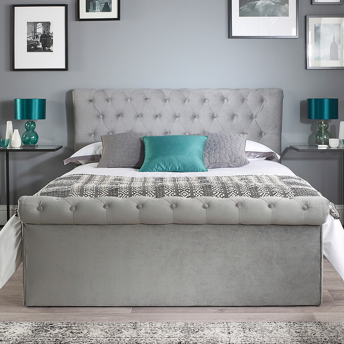 Chesterfield Crushed Velvet Storage Ottoman Bed with Scroll Top grey, ASPIRE