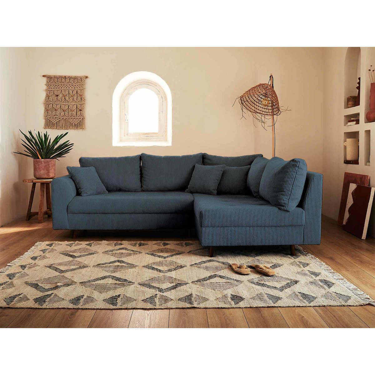 Canapé d'angle droit 4 places velours côtelé, RUNE bleu nuit, BEST MOBILIER
