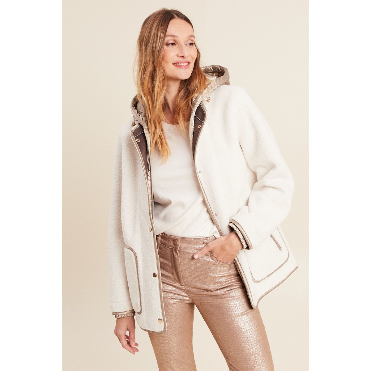 Manteau laine mouton à capuche ecru, BREAL