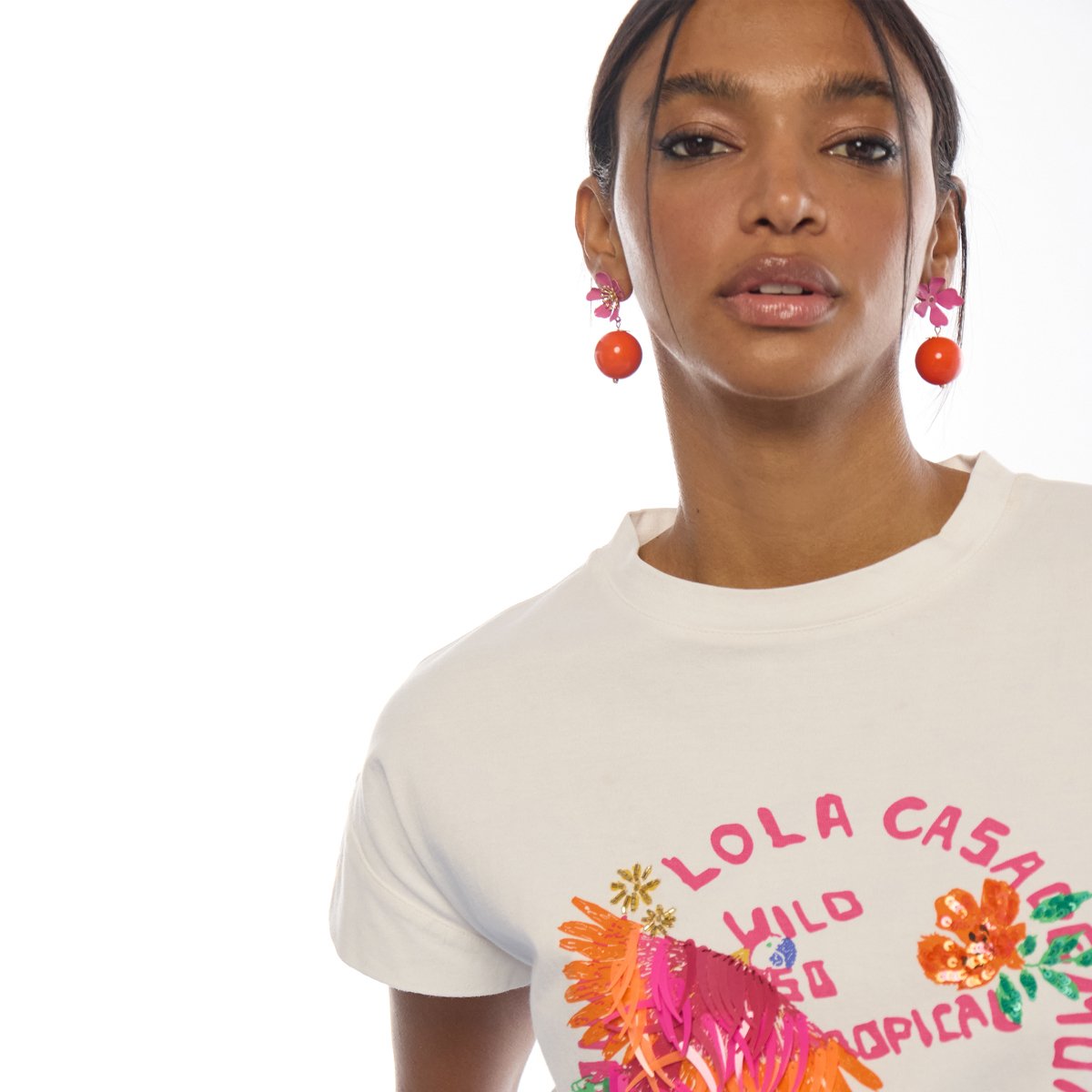 T-shirt coton coupe droite brodé à motif tropical blanc, LOLA CASADEMUNT