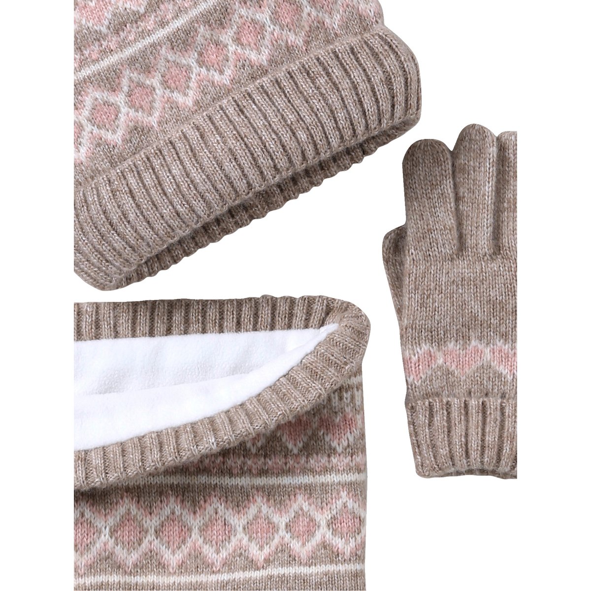Ensemble tricot bonnet, snood et gants moka, VERTBAUDET