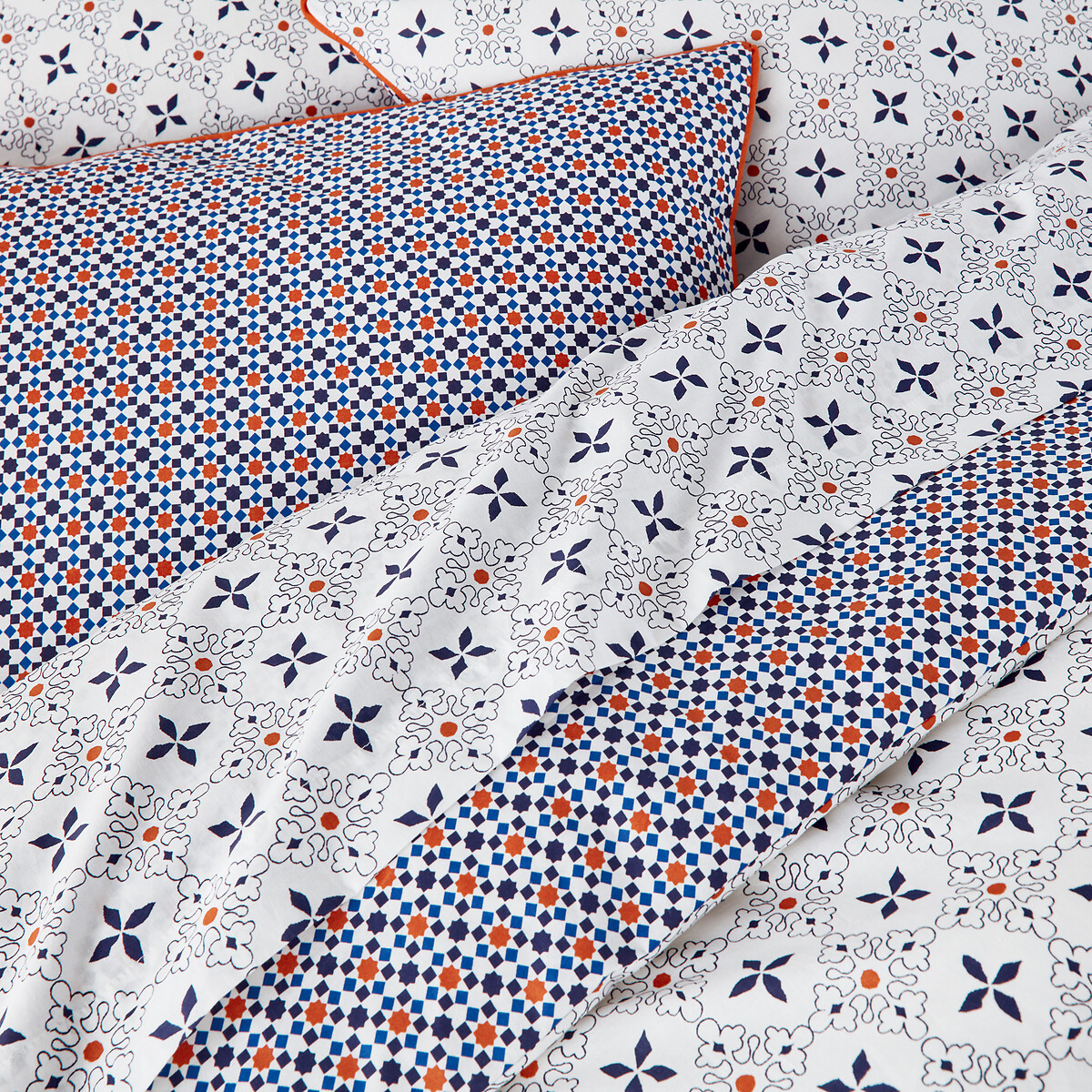 Housse de couette pur coton, Zehia blanc/bleu/orange, LA REDOUTE INTERIEURS