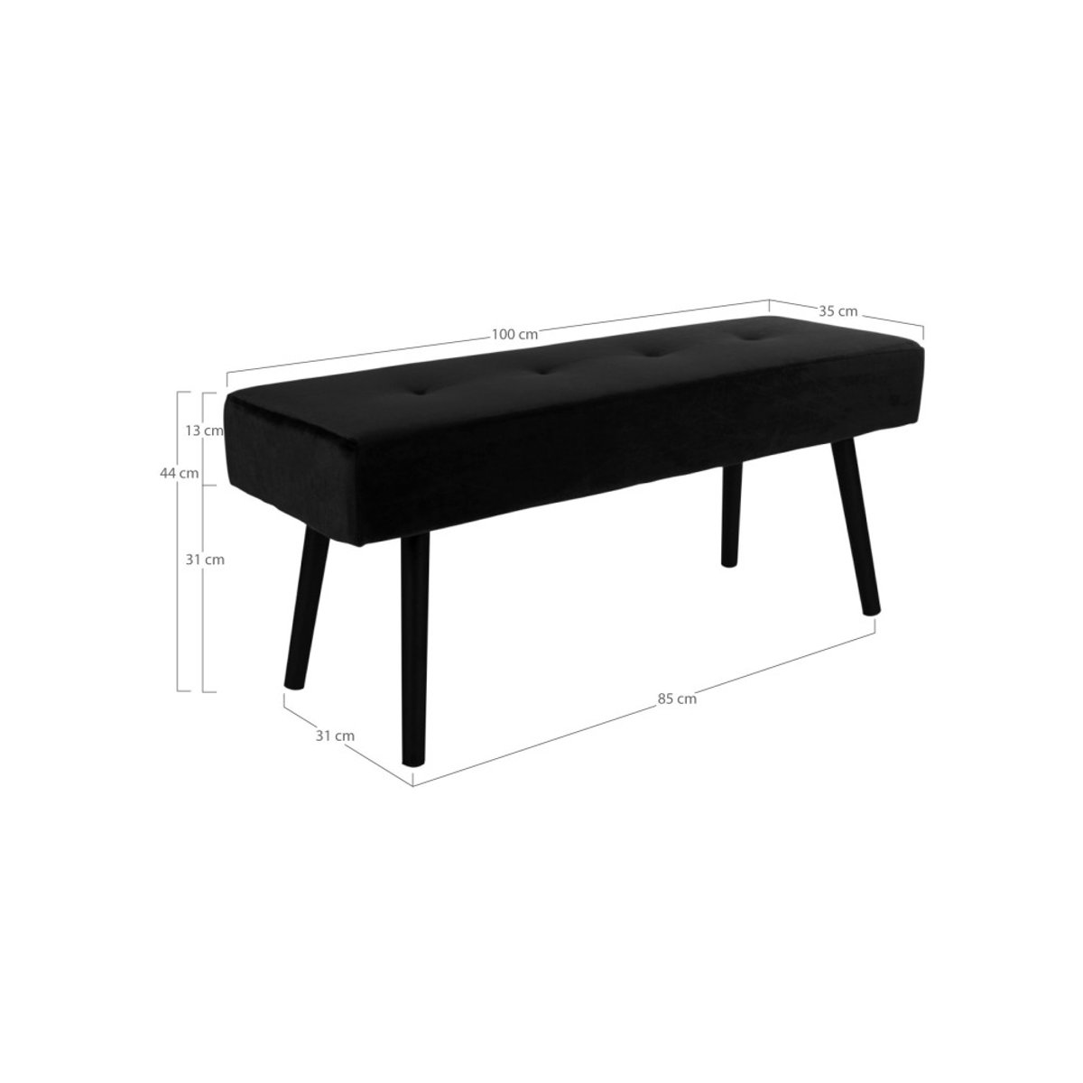 Banc en velours L100cm- SKIBY noir, HOUSE NORDIC