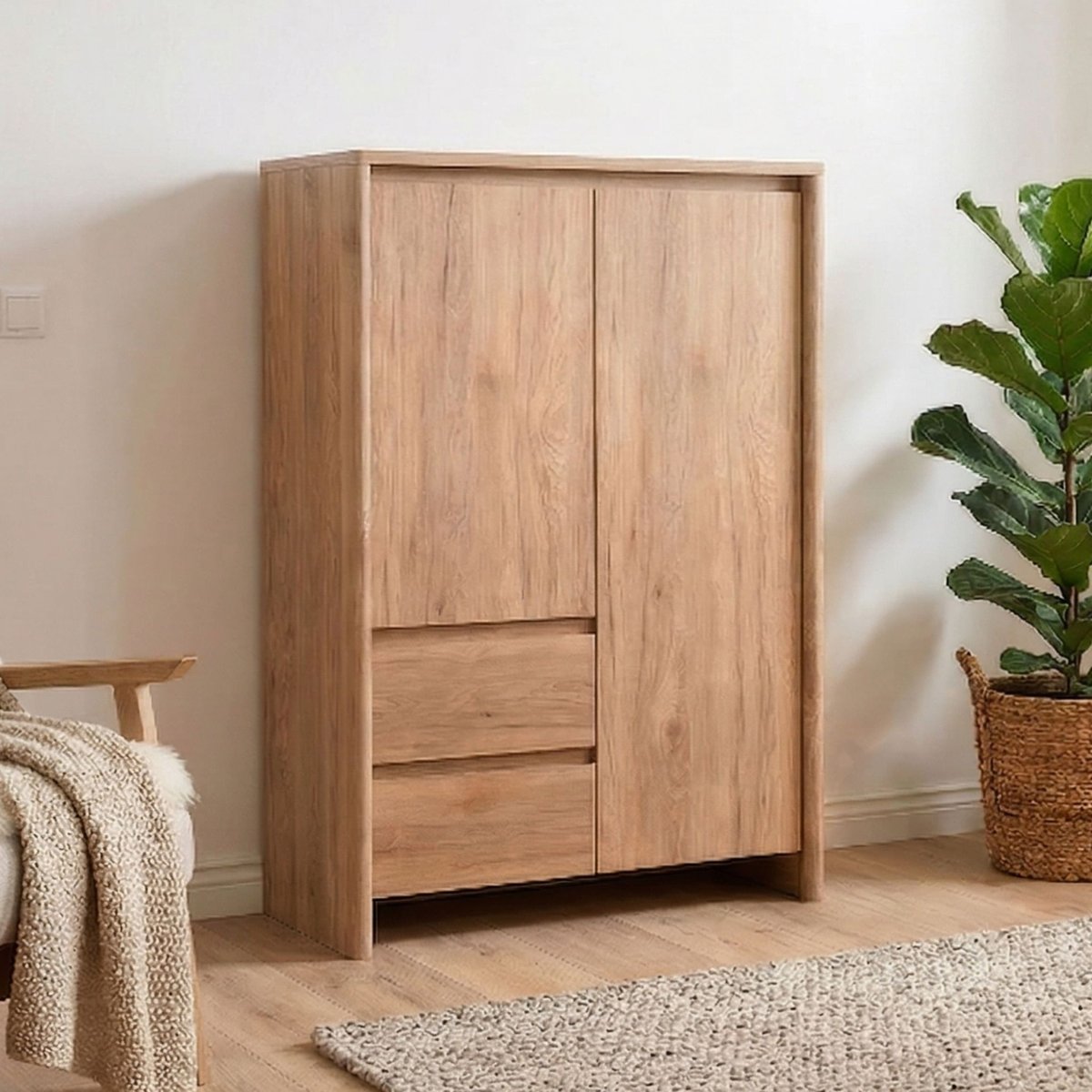 Armoire bois 2 portes et 2 tiroirs bois naturel, TERRE DE NUIT