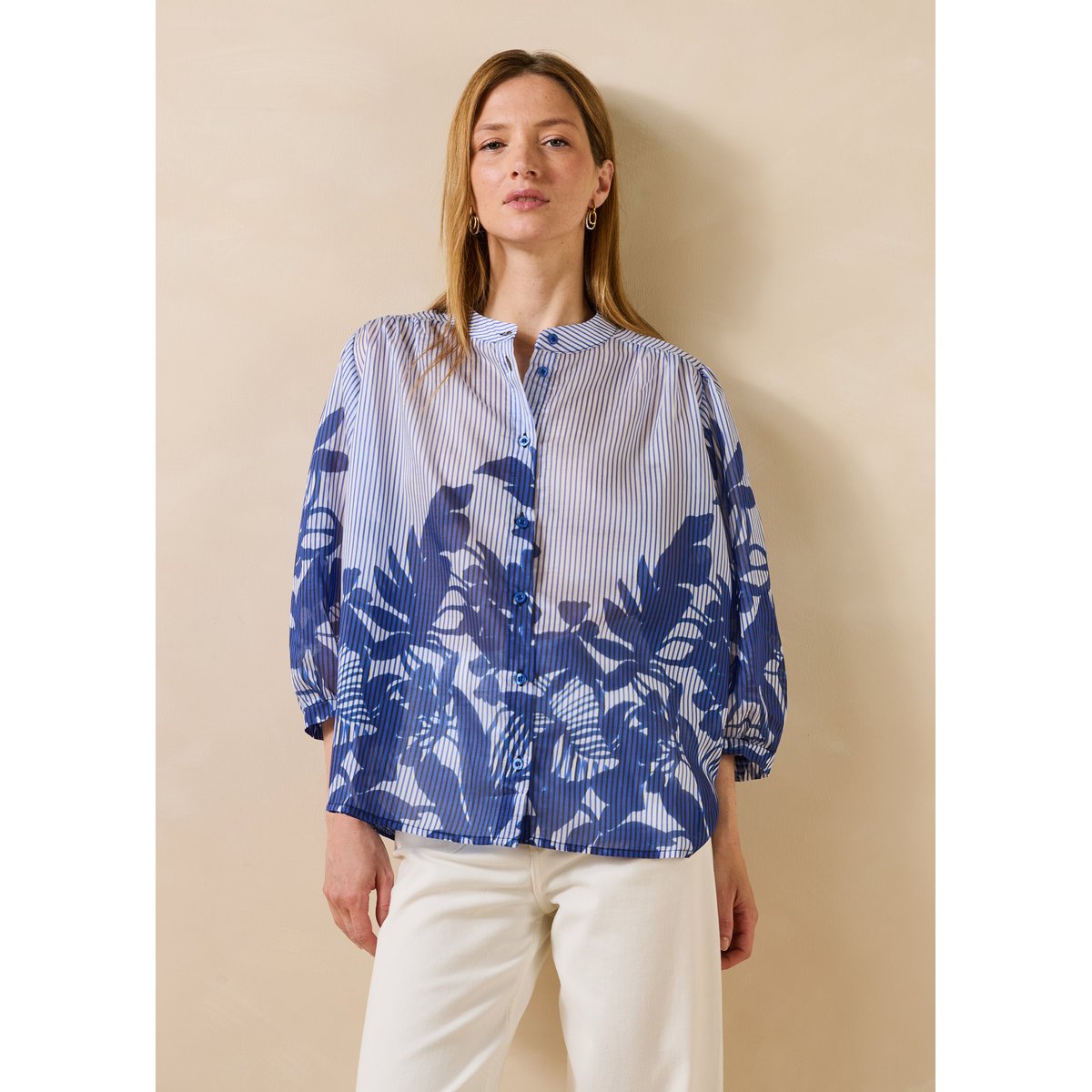 Chemise en lyocell à rayures et motif floral bleu, LA FEE MARABOUTEE