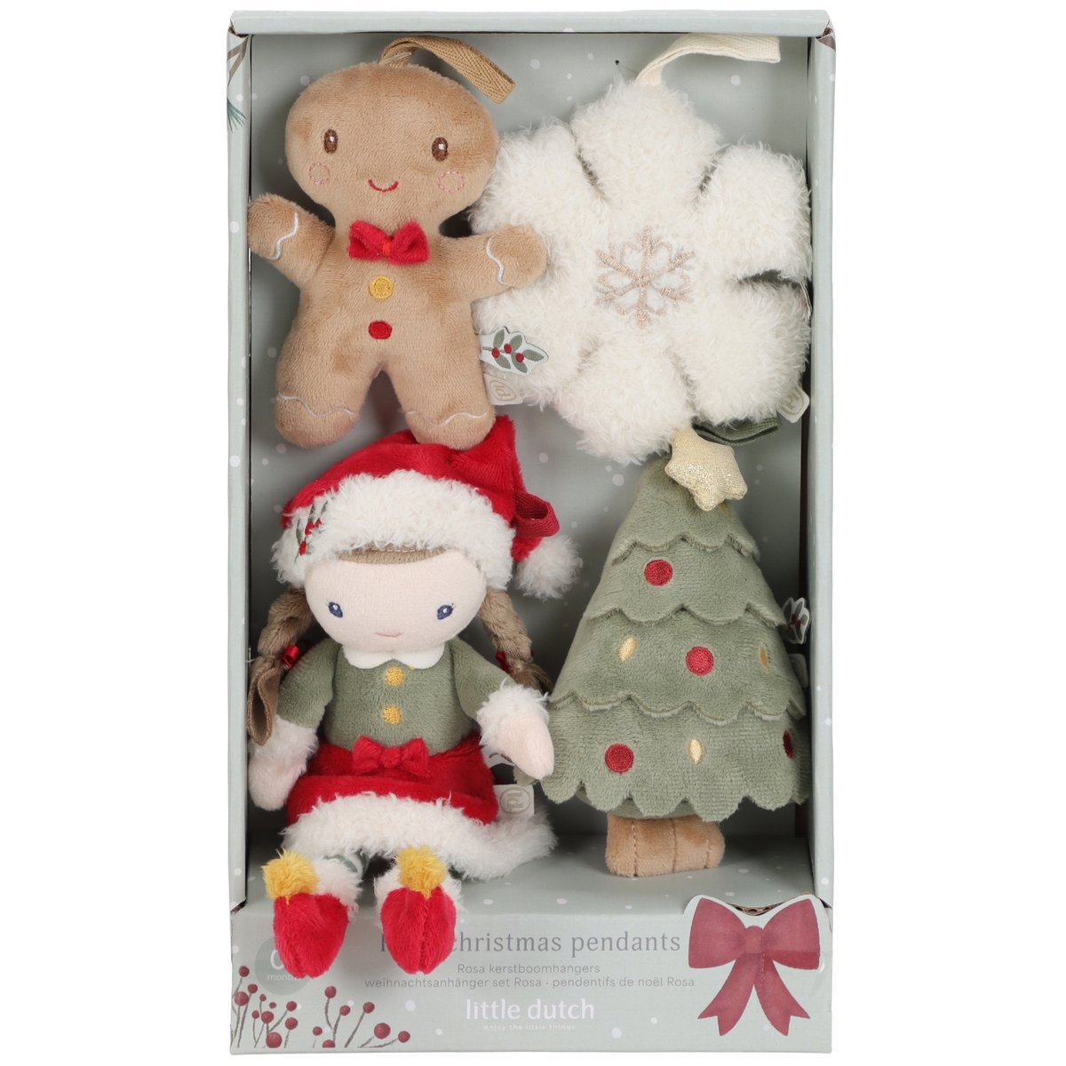 Lot de 4 décorations de Noël en peluche à suspendre vert, rouge, blanc, LITTLE DUTCH