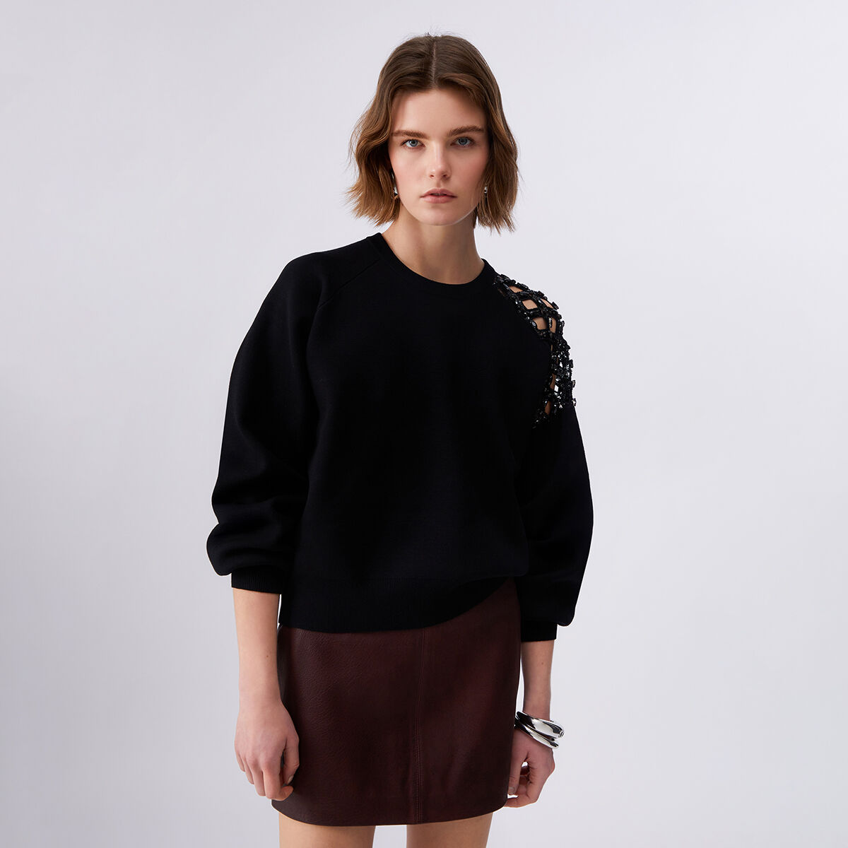 Pull avec broderie de pierres noir, LIU JO