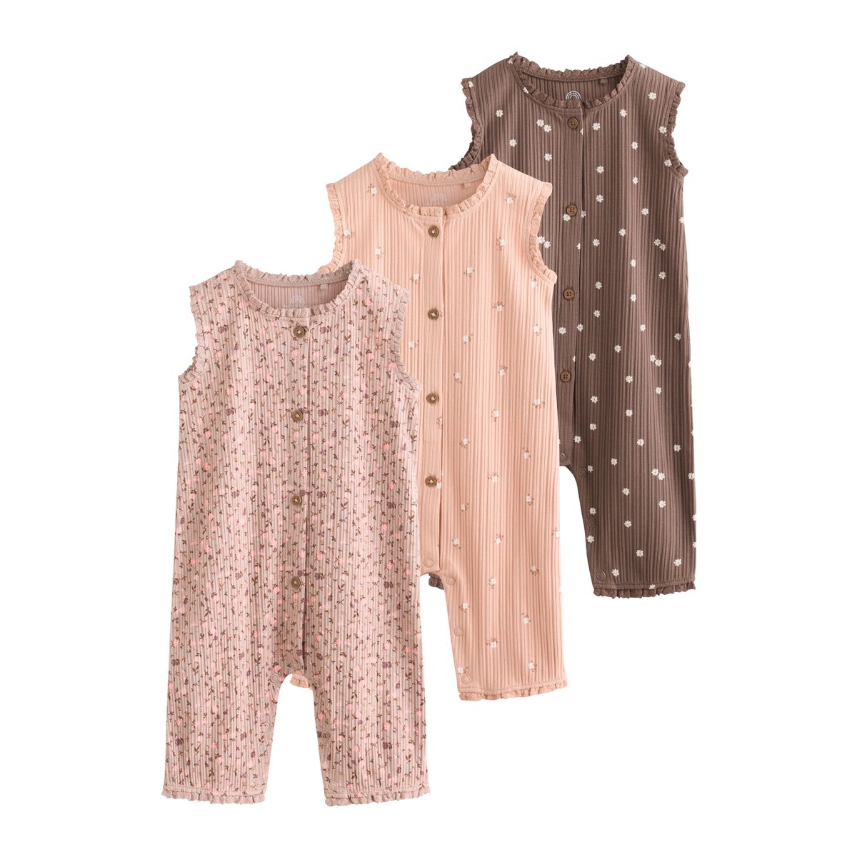 Barboteuse bébé boutonnée, lot de 3 imprimé floral ton sur ton marron, NEXT