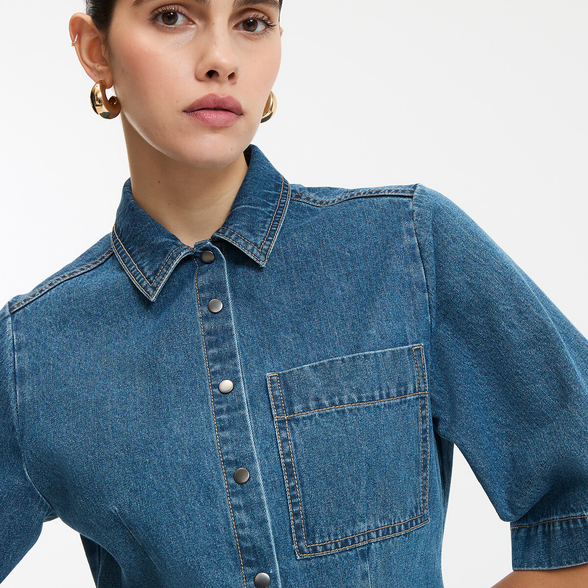 Robe évasée en denim, courte, manches courtes, pressionnée devant denim stone, LA REDOUTE COLLECTIONS