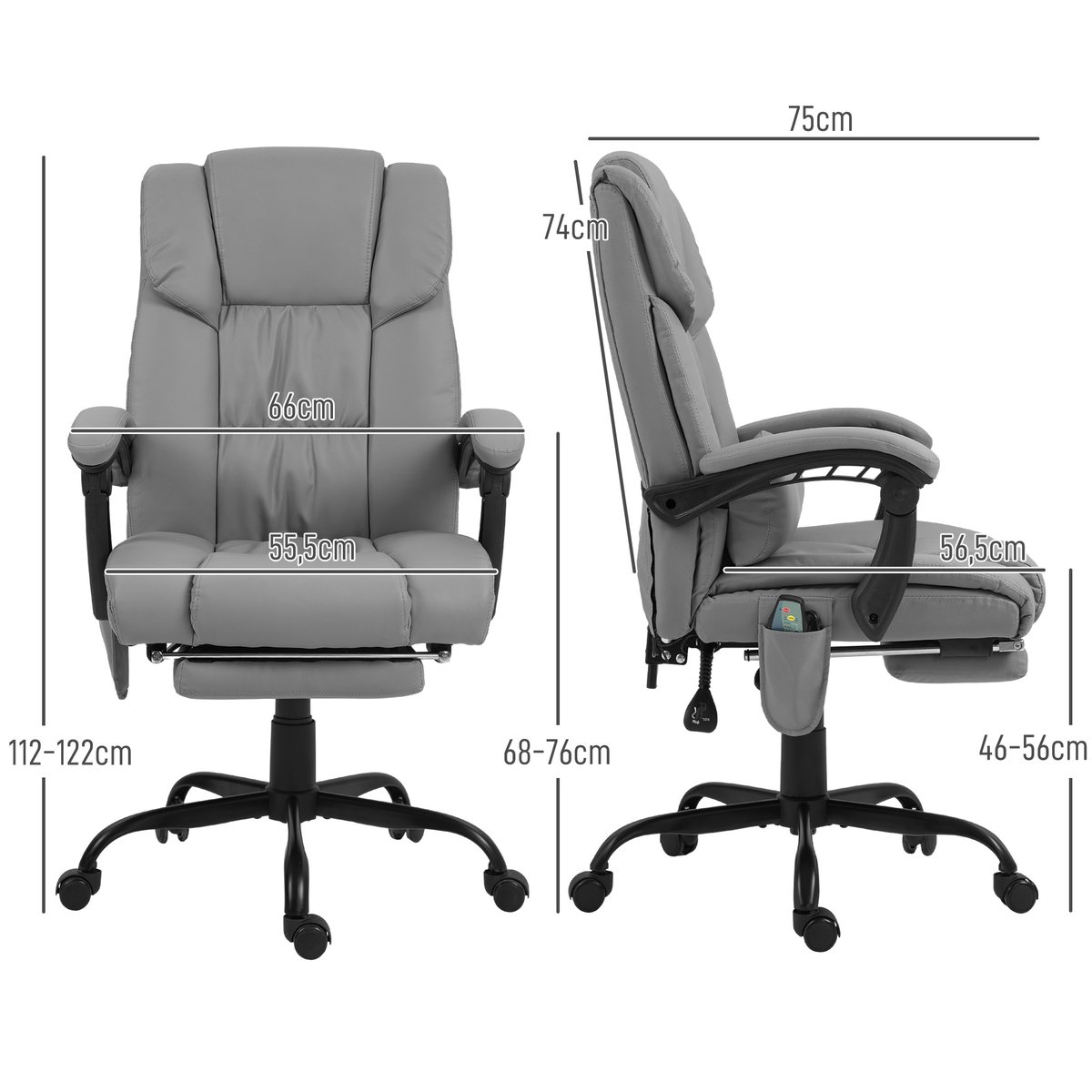 Fauteuil de bureau avec fonction massage gris, HOMCOM