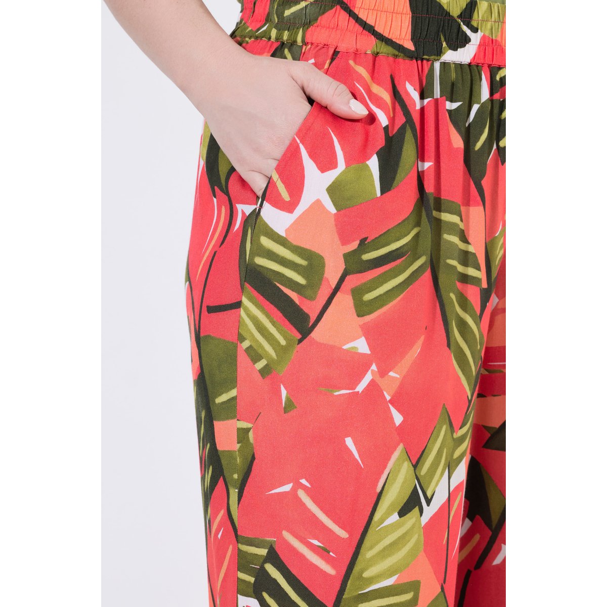 Pantacourt, palmiers, jambe large rose vif, ULLA POPKEN