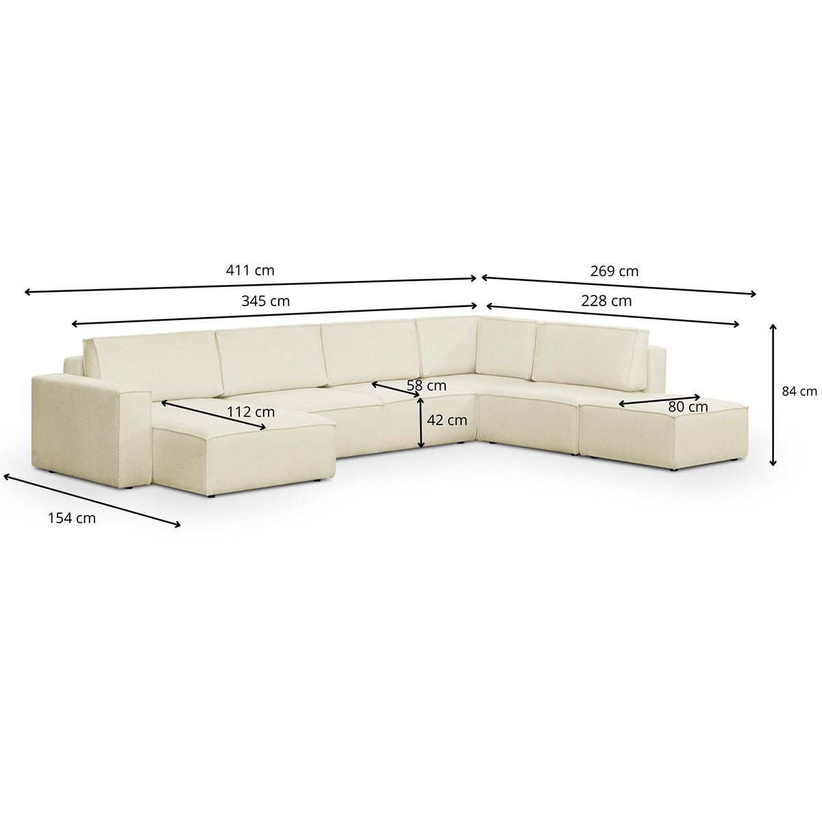 Canapé d'angle droit convertible 8+1 places en tissu bouclé - HARPER MOD ecru, HOMIFAB