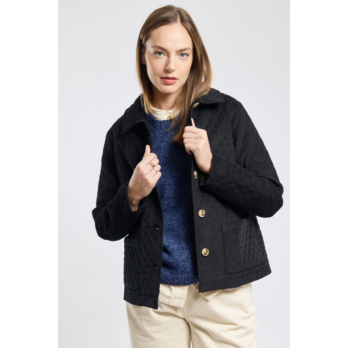 Veste velours matelassée en coton noir, ARMOR-LUX