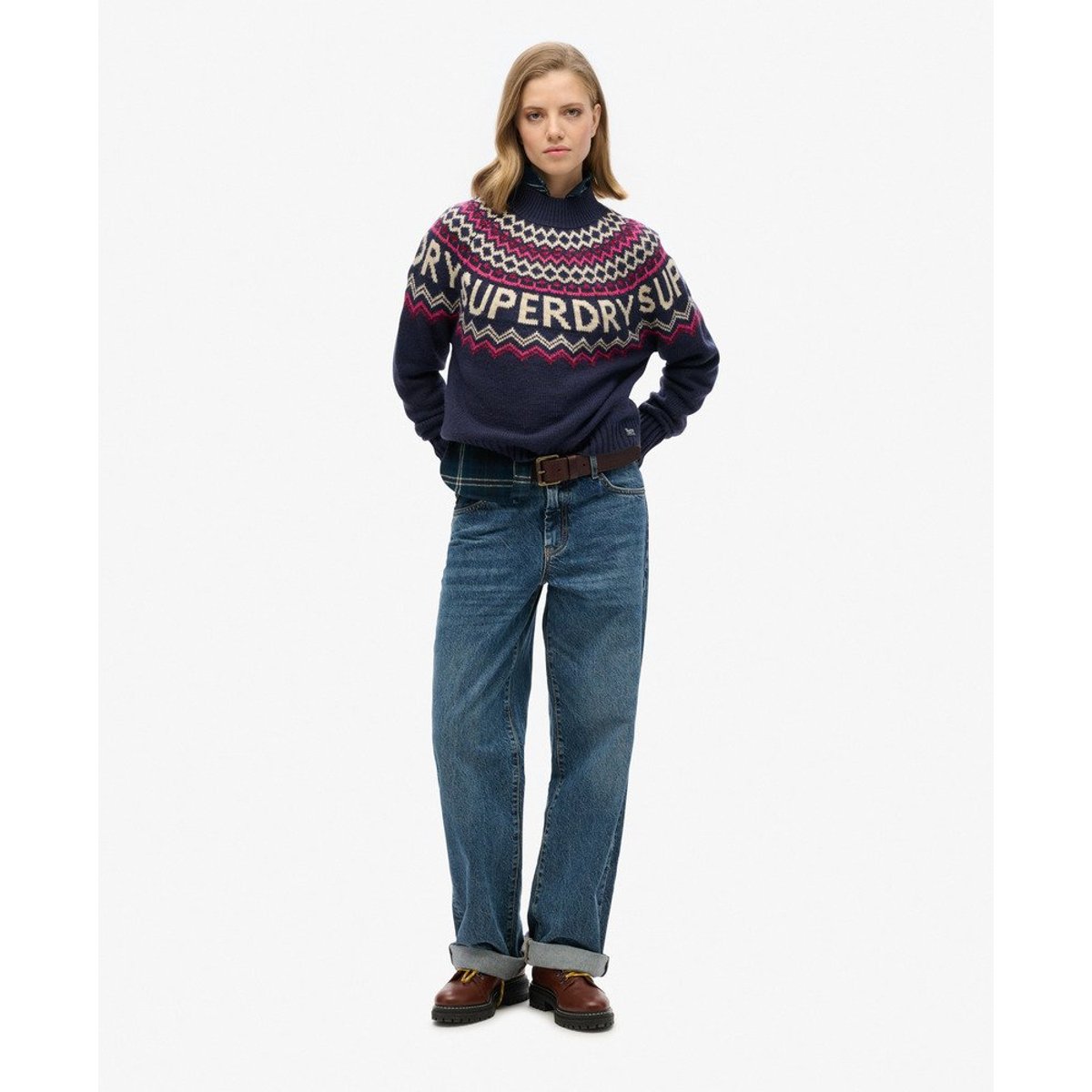 Pull à motif jacquard multicolore bleu marine insulaire, SUPERDRY