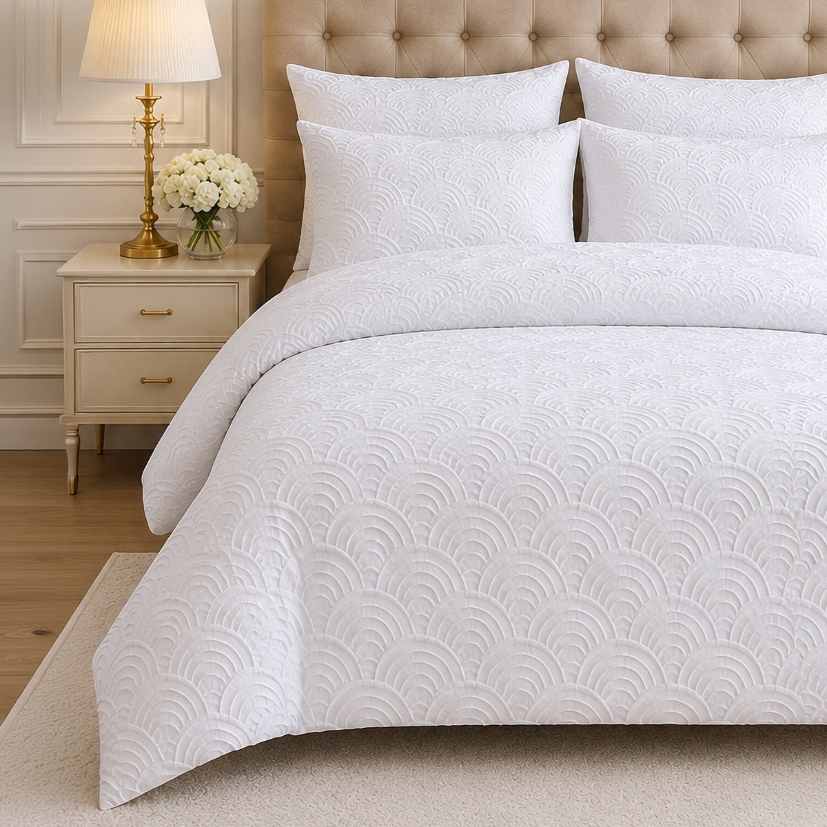 Parure de lit microfibre jacquard effet éventails blanc, TILA blanc, C DESIGN HOME TEXTILE