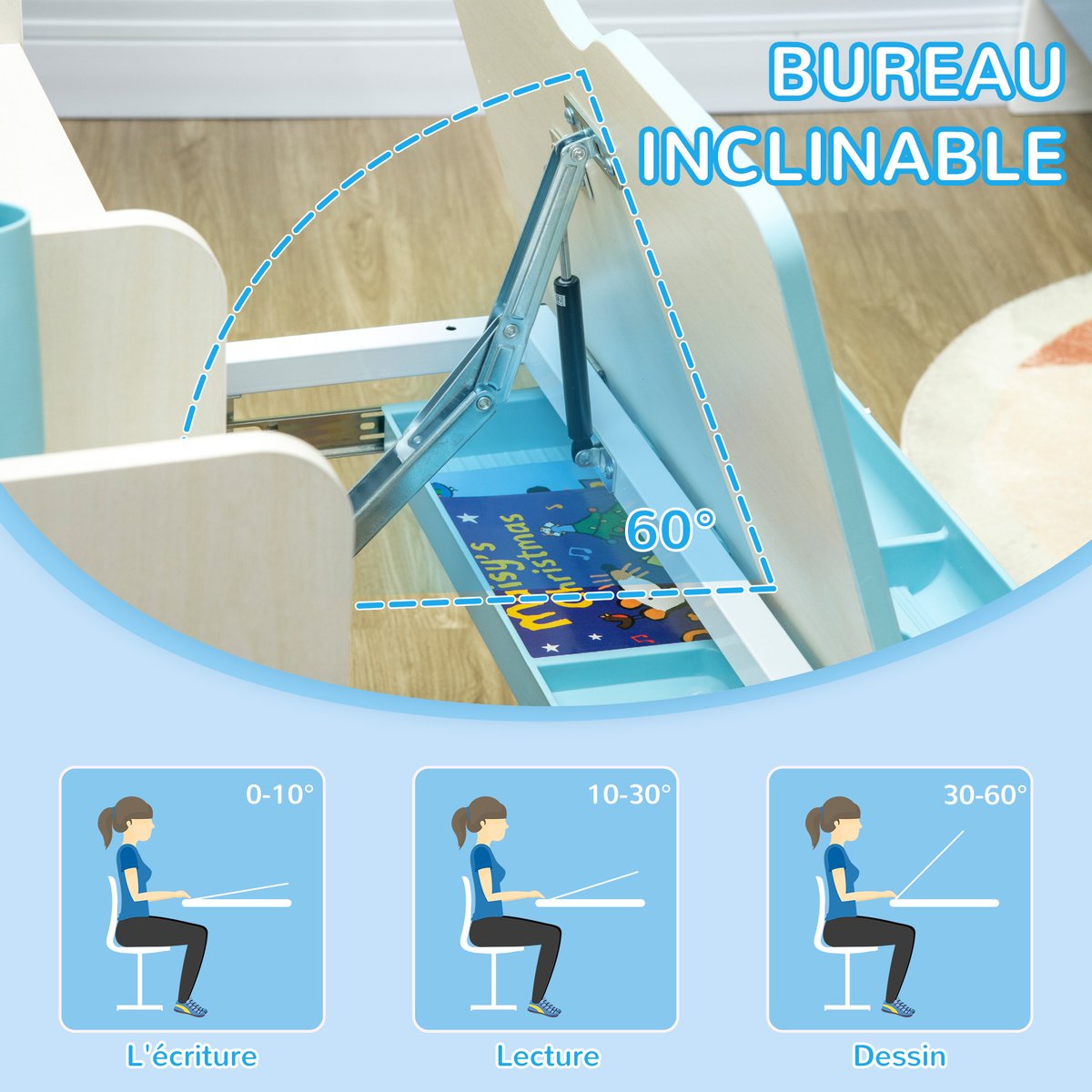 Ensemble bureau et chaise pour enfants PP bleu, HOMCOM