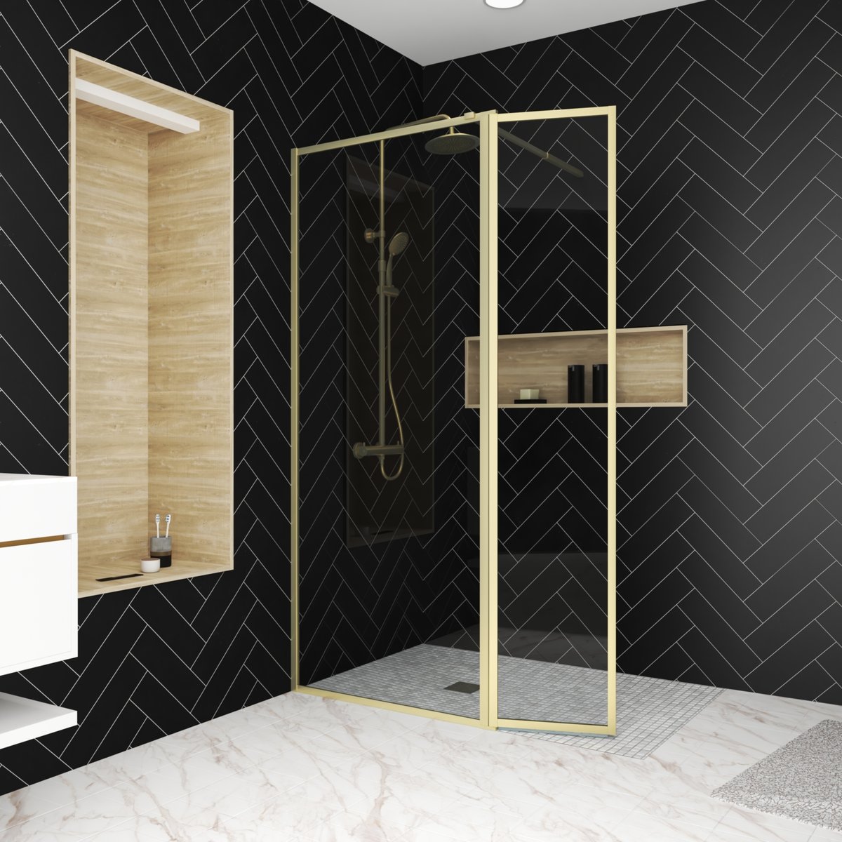Paroi de douche à l’italienne avec volet pivotant en verre trempé 5 mm doré, HOME MAISON